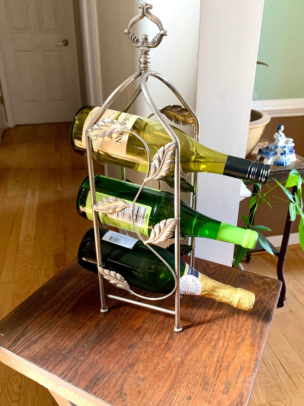 Vtg Stainless Steel Wine Rack | 3 Bottle Wine Rack| Metal Counter Wine Rack| Leaf Design Wine Rack| Metal Wine Storage | Vine Wine Rack