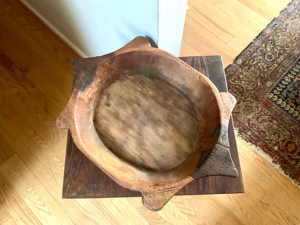Antique Wooden Carved Chapati Bowl | Hand Carved Flat Bread Bowl | Wood Indian Bread Bowl | Tortoise Shaped Wood Dough Bowl | Primitive Bowl