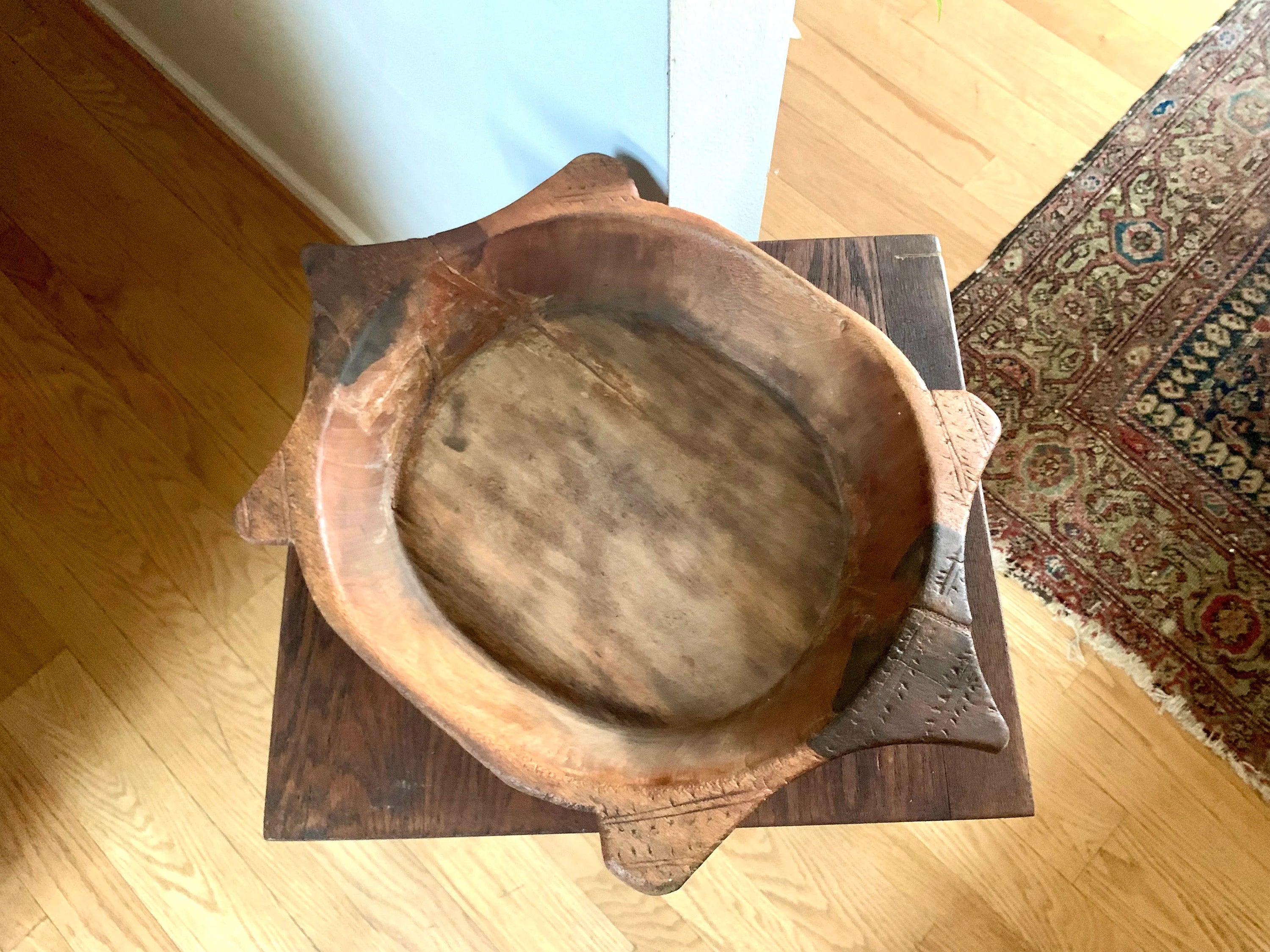 Antique Wooden Carved Chapati Bowl | Hand Carved Flat Bread Bowl | Wood Indian Bread Bowl | Tortoise Shaped Wood Dough Bowl | Primitive Bowl