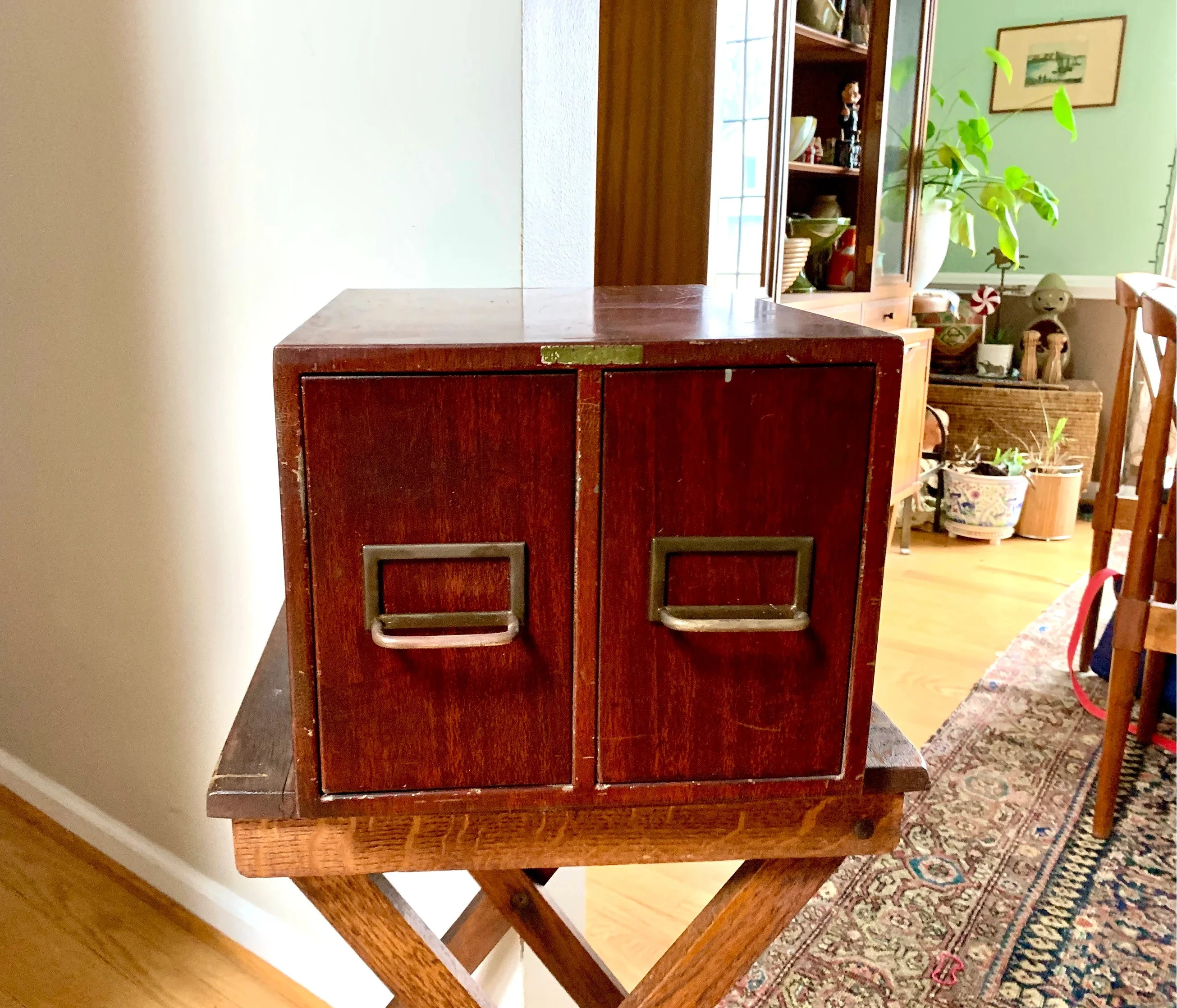 Vintage Rustic Industrial Filing Cabinet | Metal Faux Wood Index Card Cabinet | Two Drawer Storage | Industrial Storage Bin | File Cabinet