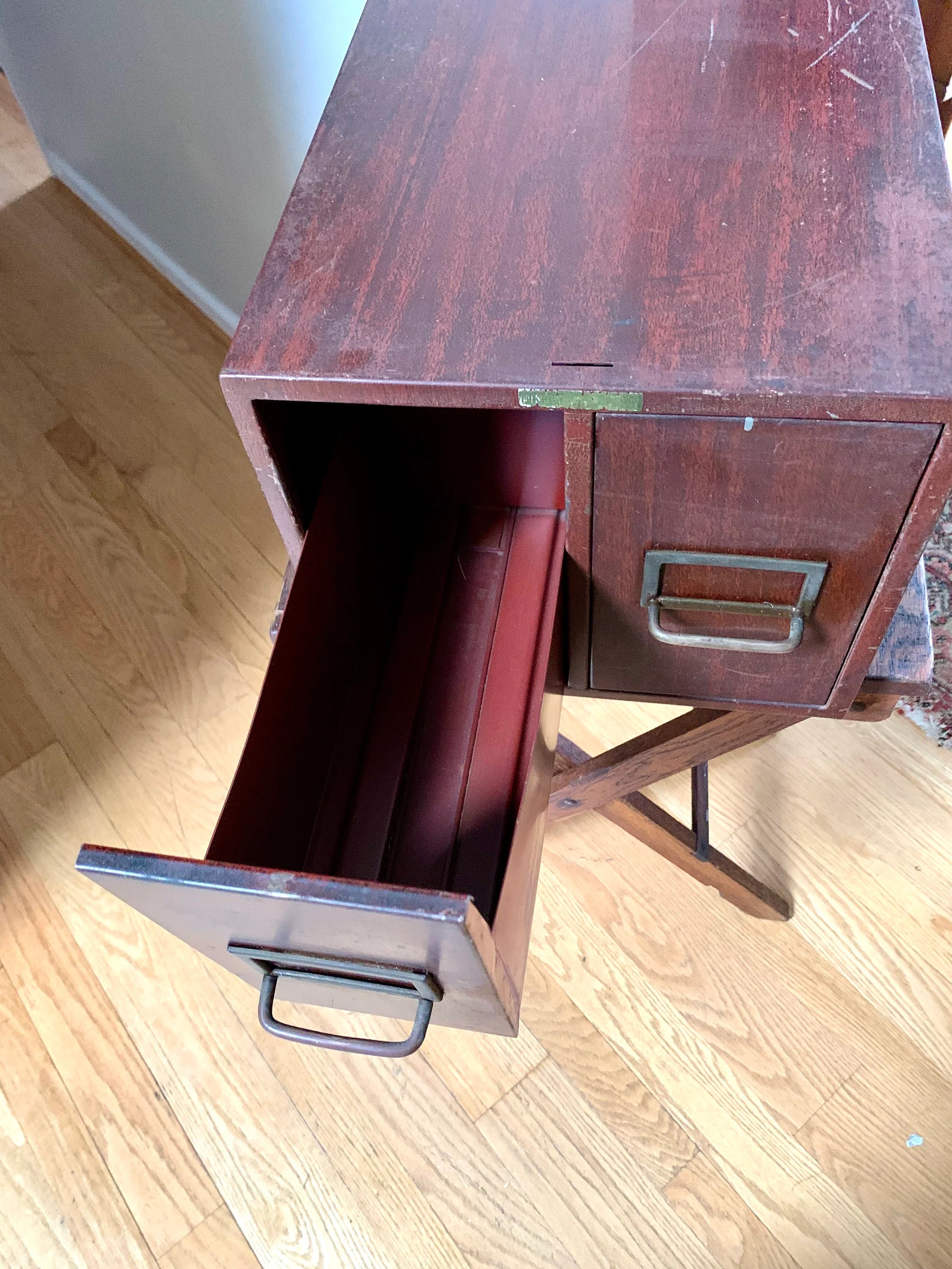 Vintage Rustic Industrial Filing Cabinet | Metal Faux Wood Index Card Cabinet | Two Drawer Storage | Industrial Storage Bin | File Cabinet