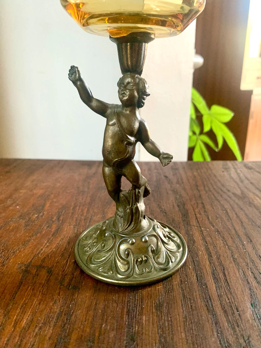 Vtg Cherub Statue Candle Holder | Brass Votive Candle Holders | Amber Glass Cherub Candle Holder | Brass Cherub Angel Candleholder