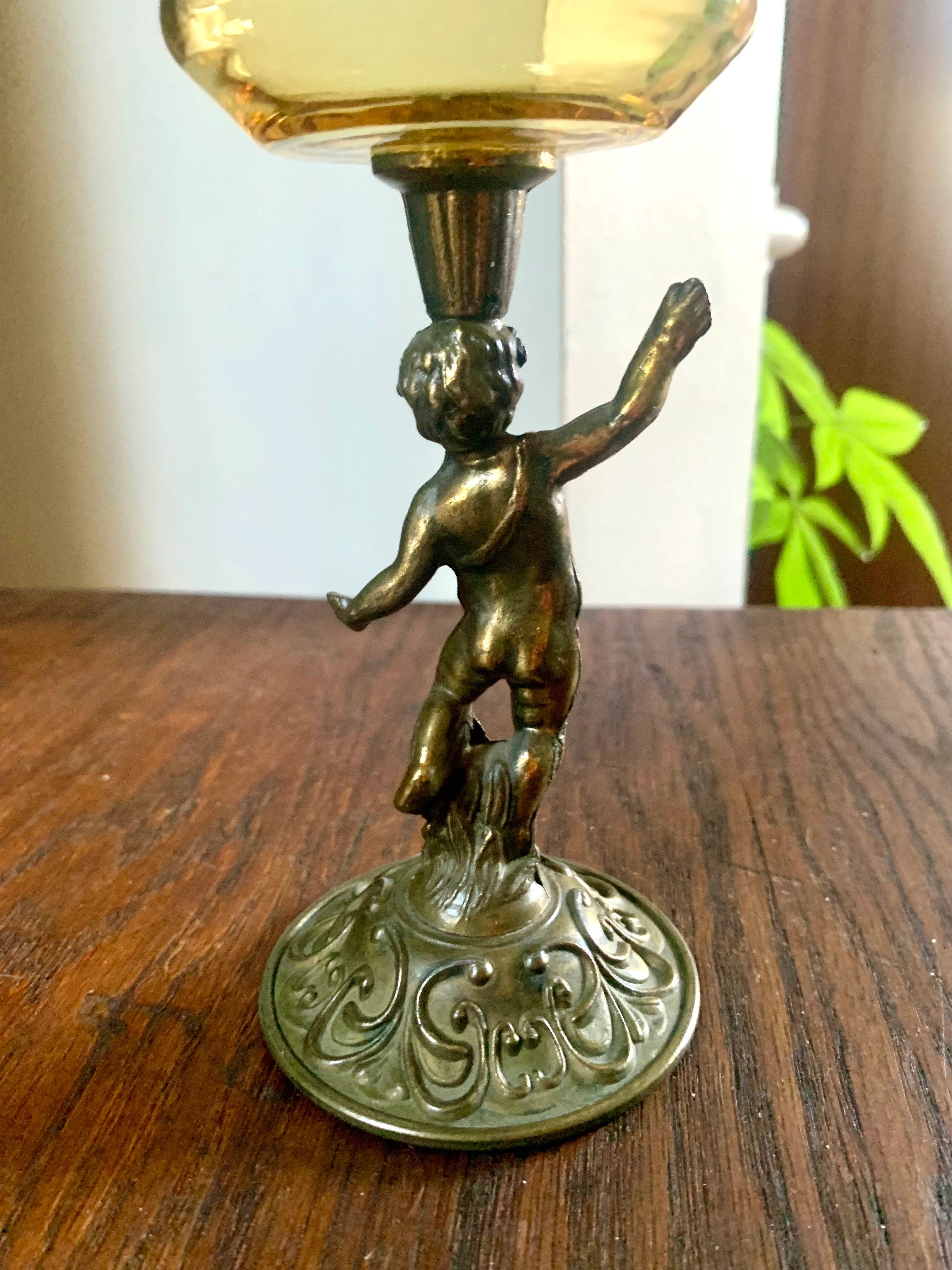 Vtg Cherub Statue Candle Holder | Brass Votive Candle Holders | Amber Glass Cherub Candle Holder | Brass Cherub Angel Candleholder