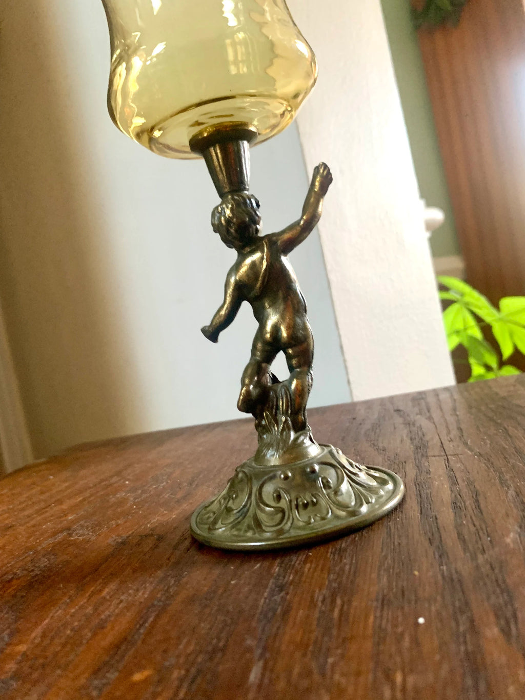 Vtg Cherub Statue Candle Holder | Brass Votive Candle Holders | Amber Glass Cherub Candle Holder | Brass Cherub Angel Candleholder