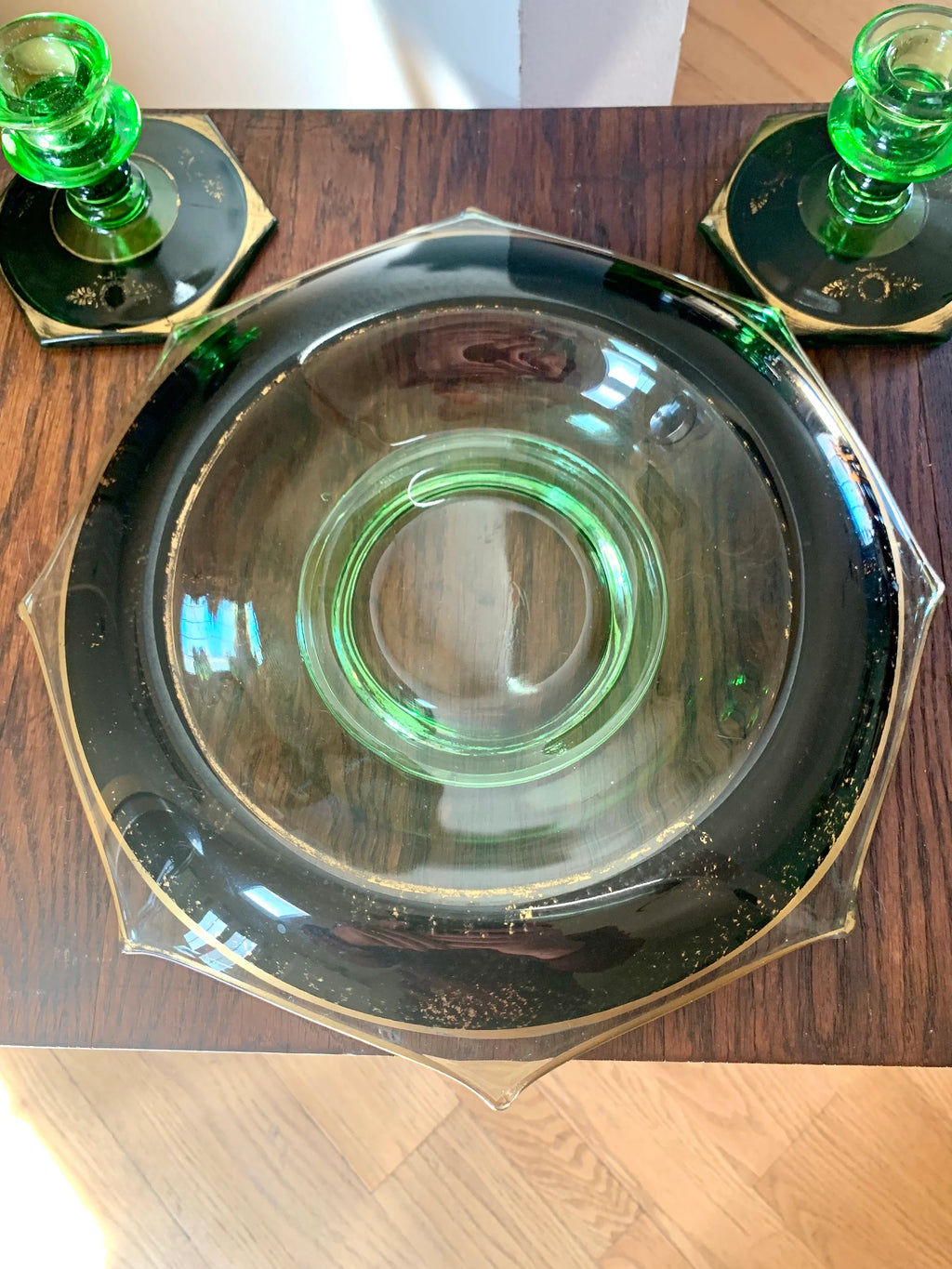 Vtg Green Depression Glass Bowl and Candle Holders | Uranium Glass Rolled Edge Dish and Candlestick Holders | Green Glass Centerpiece