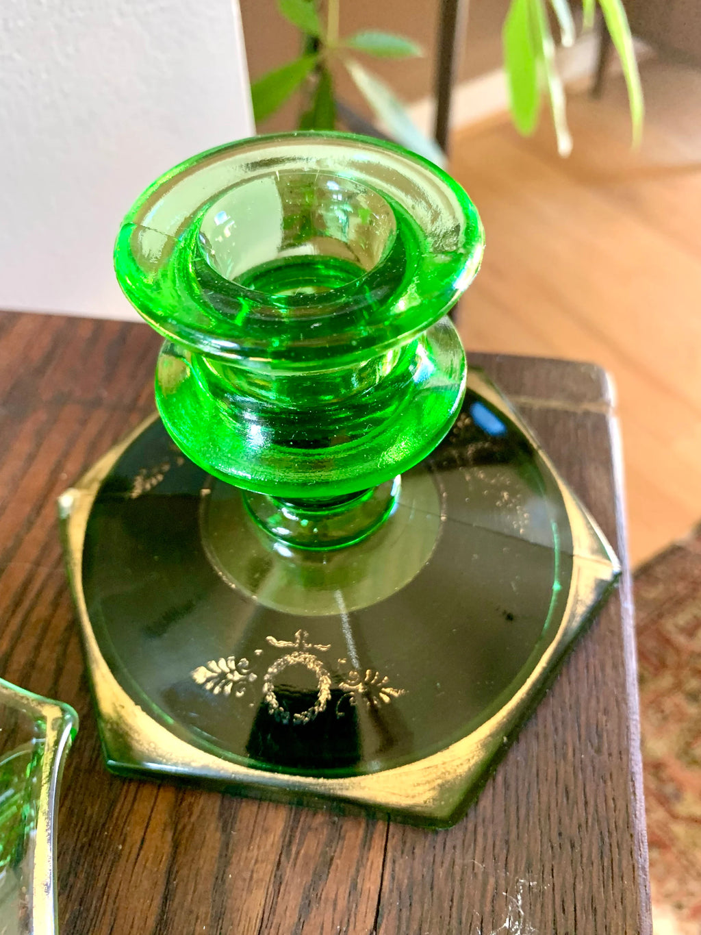 Vtg Green Depression Glass Bowl and Candle Holders | Uranium Glass Rolled Edge Dish and Candlestick Holders | Green Glass Centerpiece