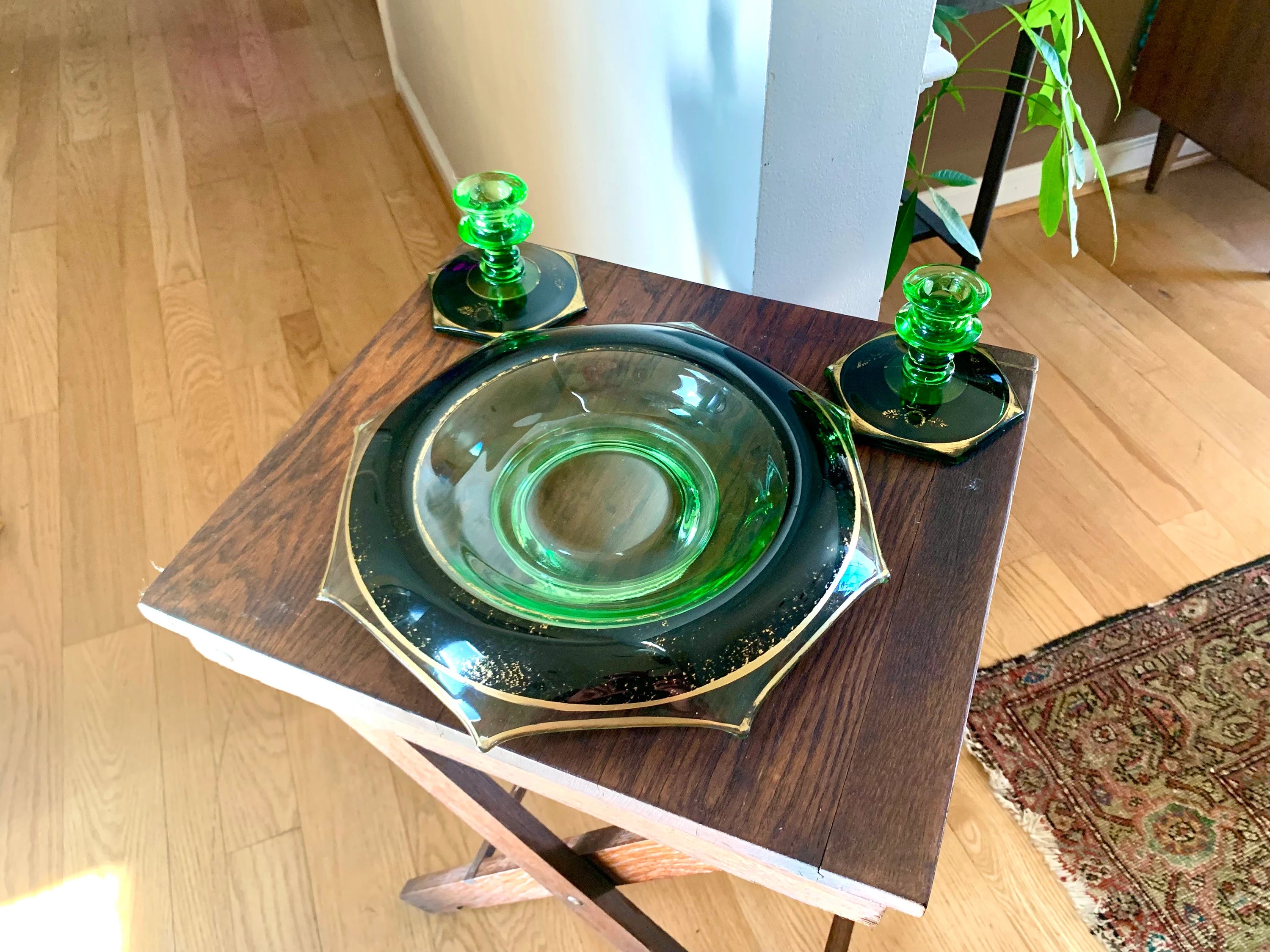 Vtg Green Depression Glass Bowl and Candle Holders | Uranium Glass Rolled Edge Dish and Candlestick Holders | Green Glass Centerpiece