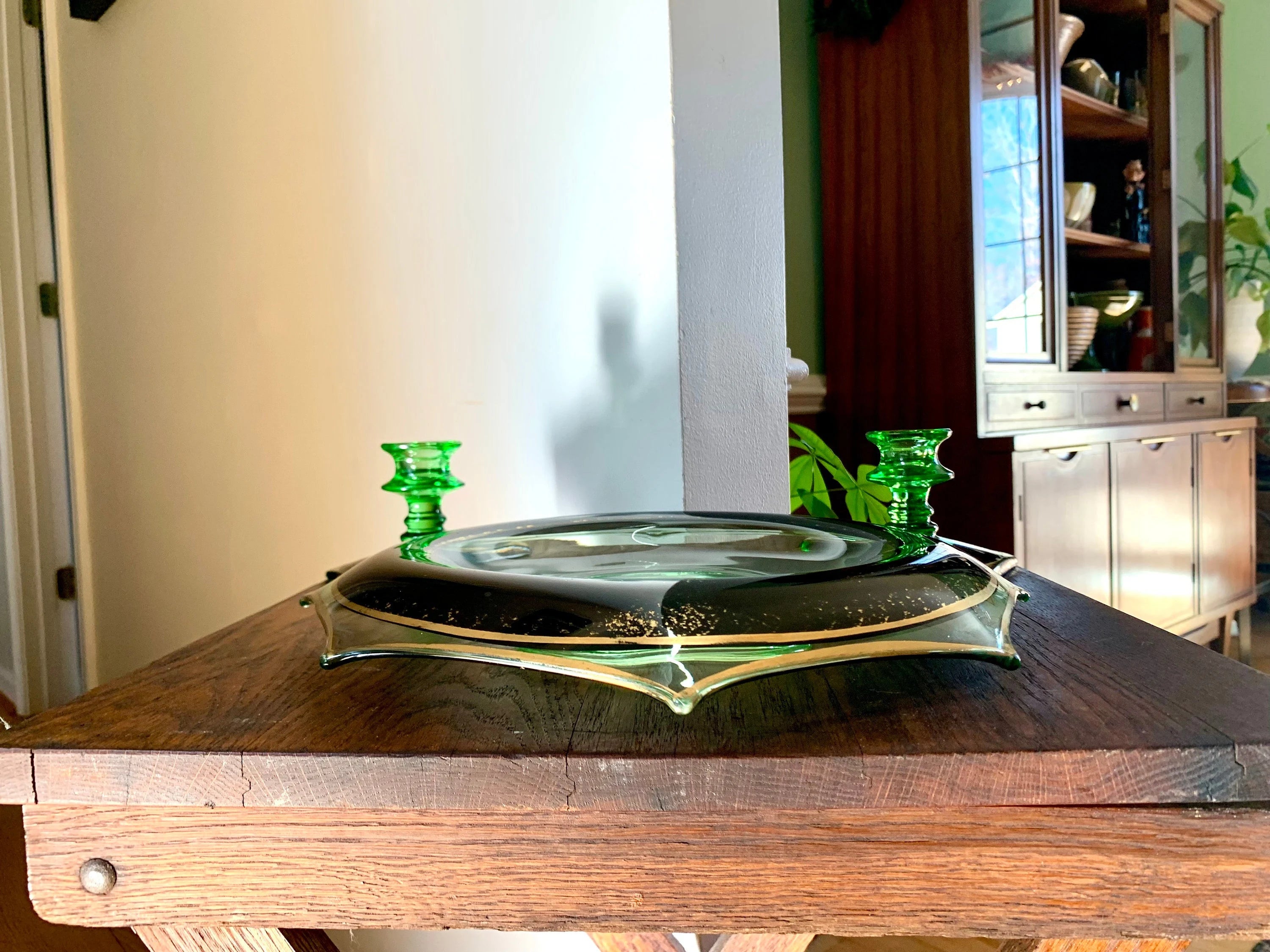 Vtg Green Depression Glass Bowl and Candle Holders | Uranium Glass Rolled Edge Dish and Candlestick Holders | Green Glass Centerpiece