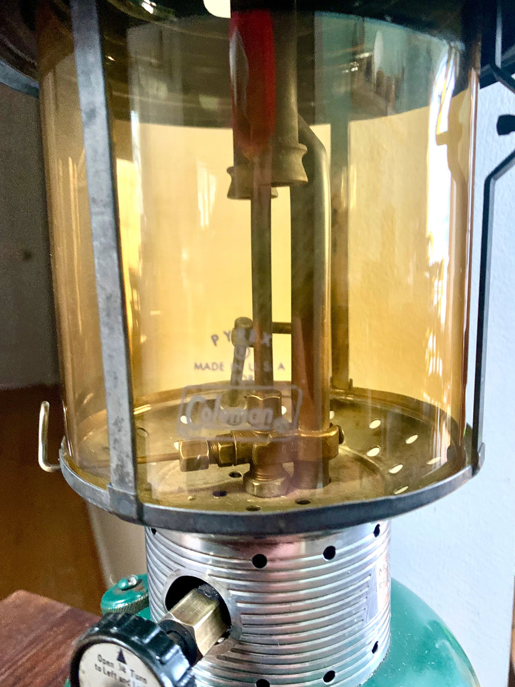 Vintage Coleman Model 220F Lantern | Coleman 1965 Coleman Lantern | Yellow Glass Model 220F Coleman Lantern | Yellow Glass Duel Mantel