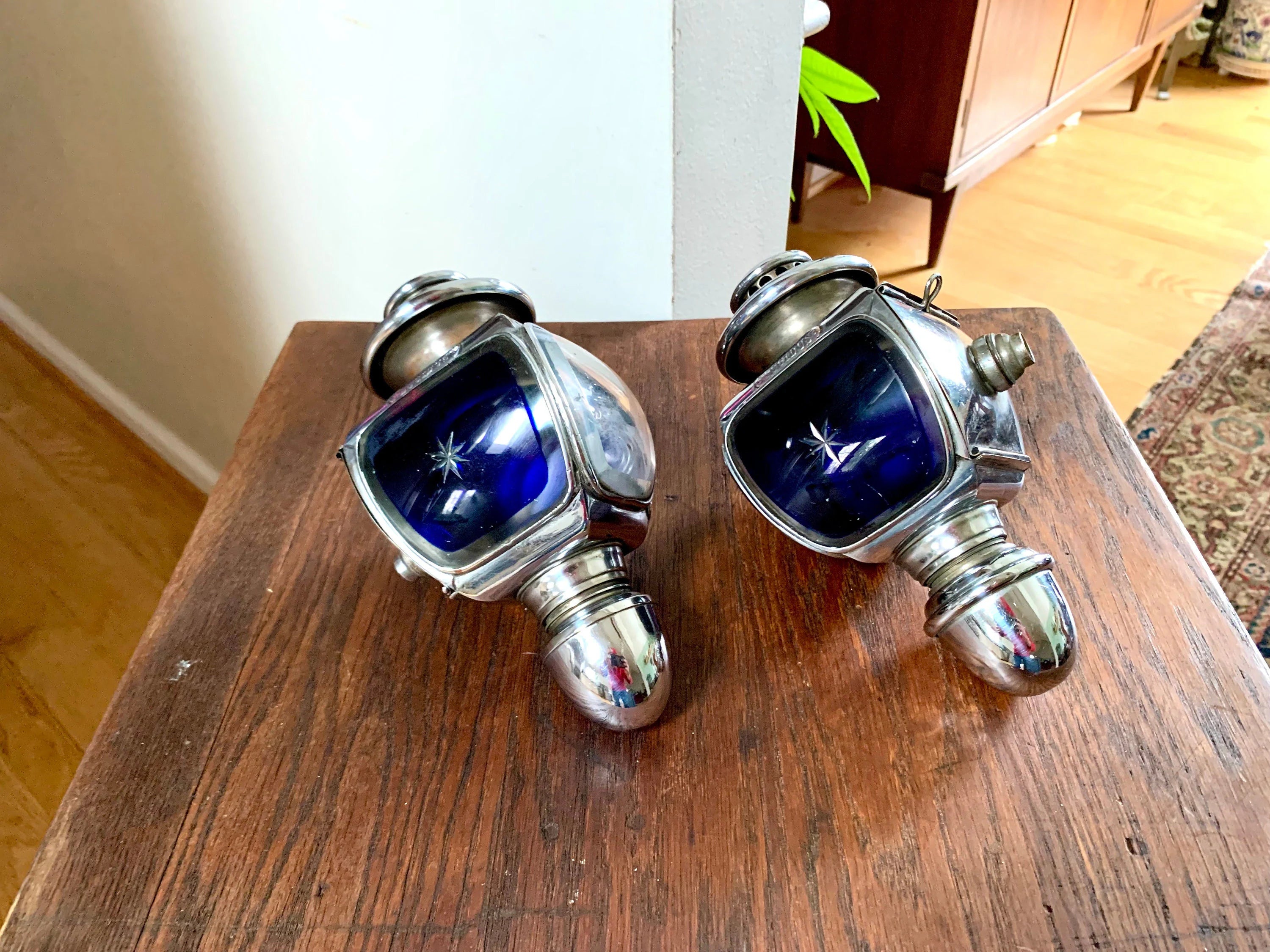 Vintage Pair of Lucidus Carriage Lamps | Antique Lucidus French Side Lamps | Lucidus Oil Side Lamps | Cobalt Blue Oil Side Lamps