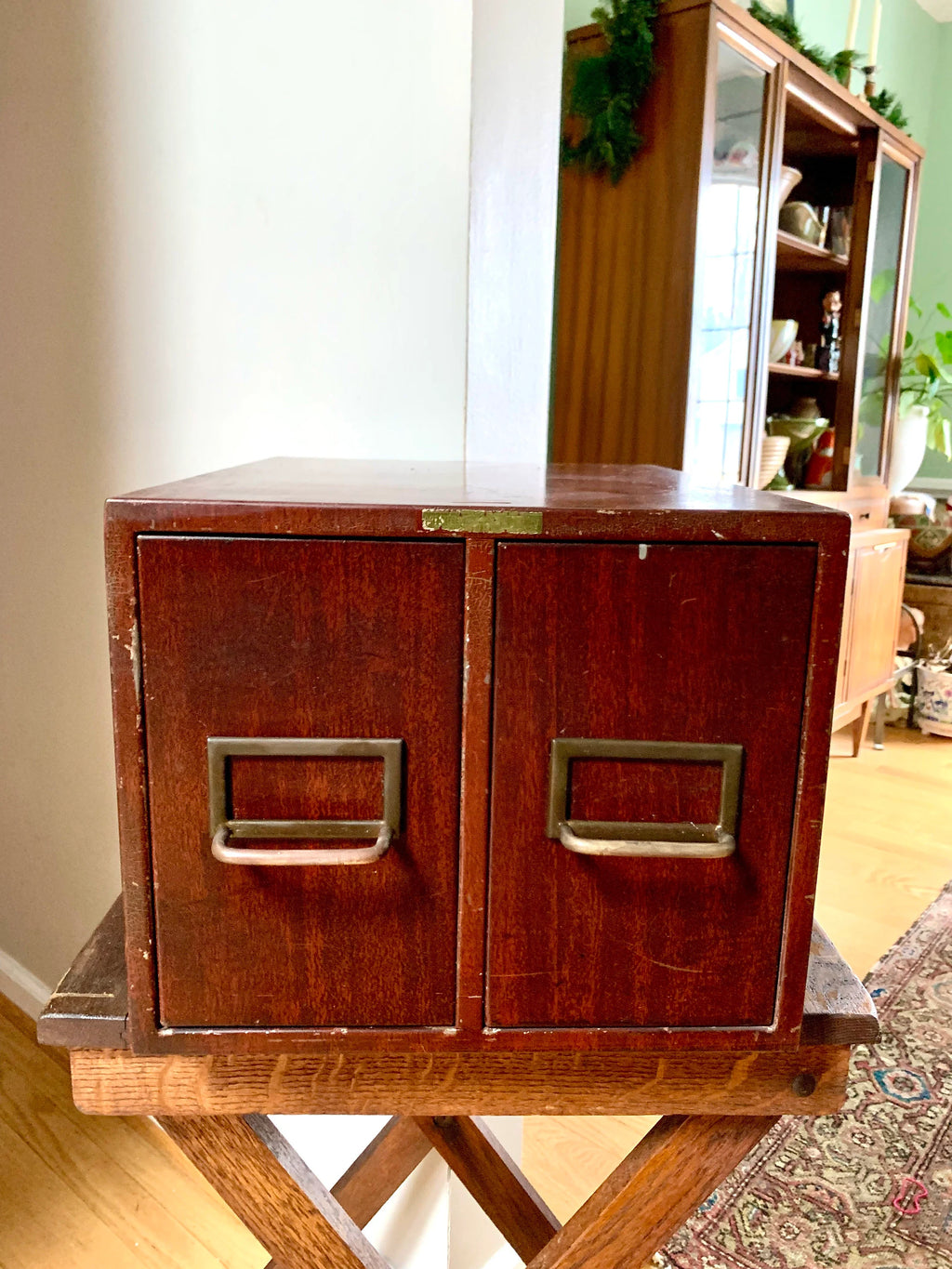 Vintage Rustic Industrial Filing Cabinet | Metal Faux Wood Index Card Cabinet | Two Drawer Storage | Industrial Storage Bin | File Cabinet