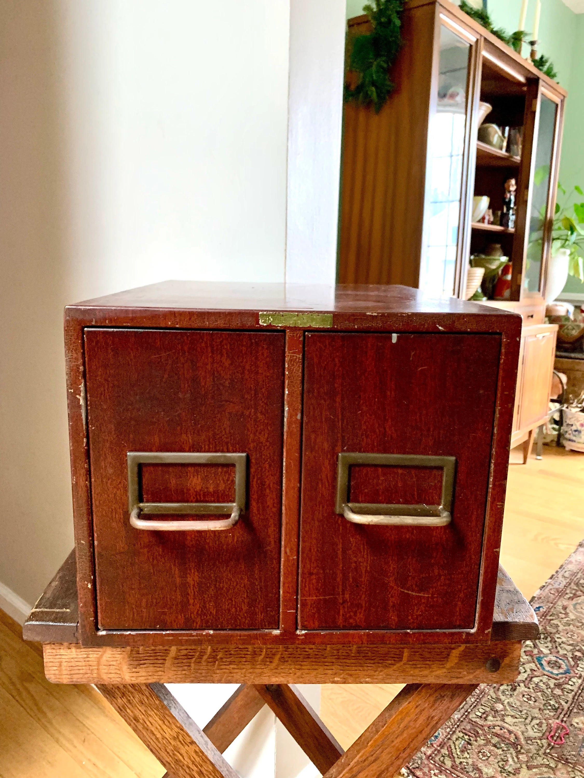 Vintage Rustic Industrial Filing Cabinet | Metal Faux Wood Index Card Cabinet | Two Drawer Storage | Industrial Storage Bin | File Cabinet