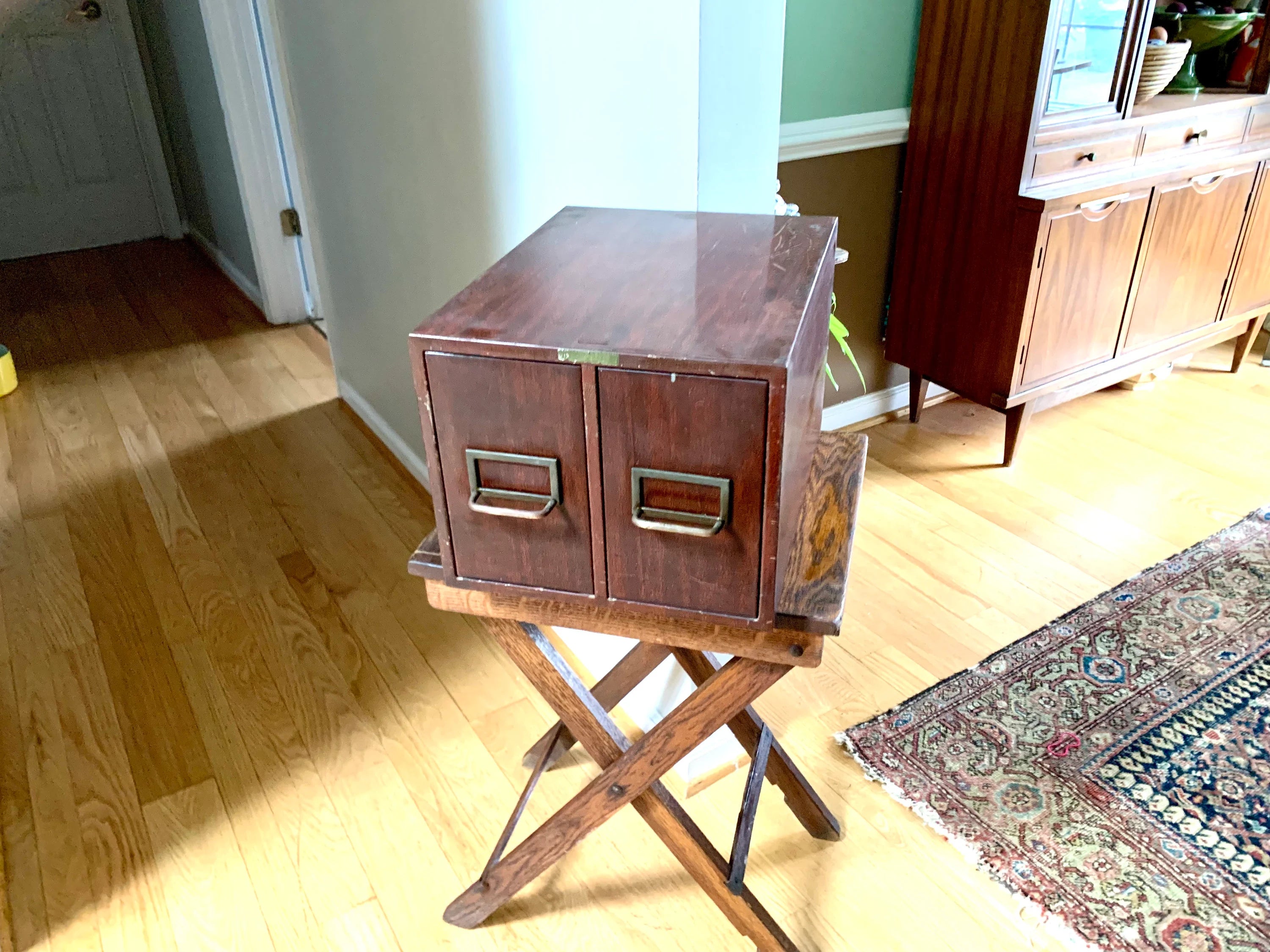 Vintage Rustic Industrial Filing Cabinet | Metal Faux Wood Index Card Cabinet | Two Drawer Storage | Industrial Storage Bin | File Cabinet