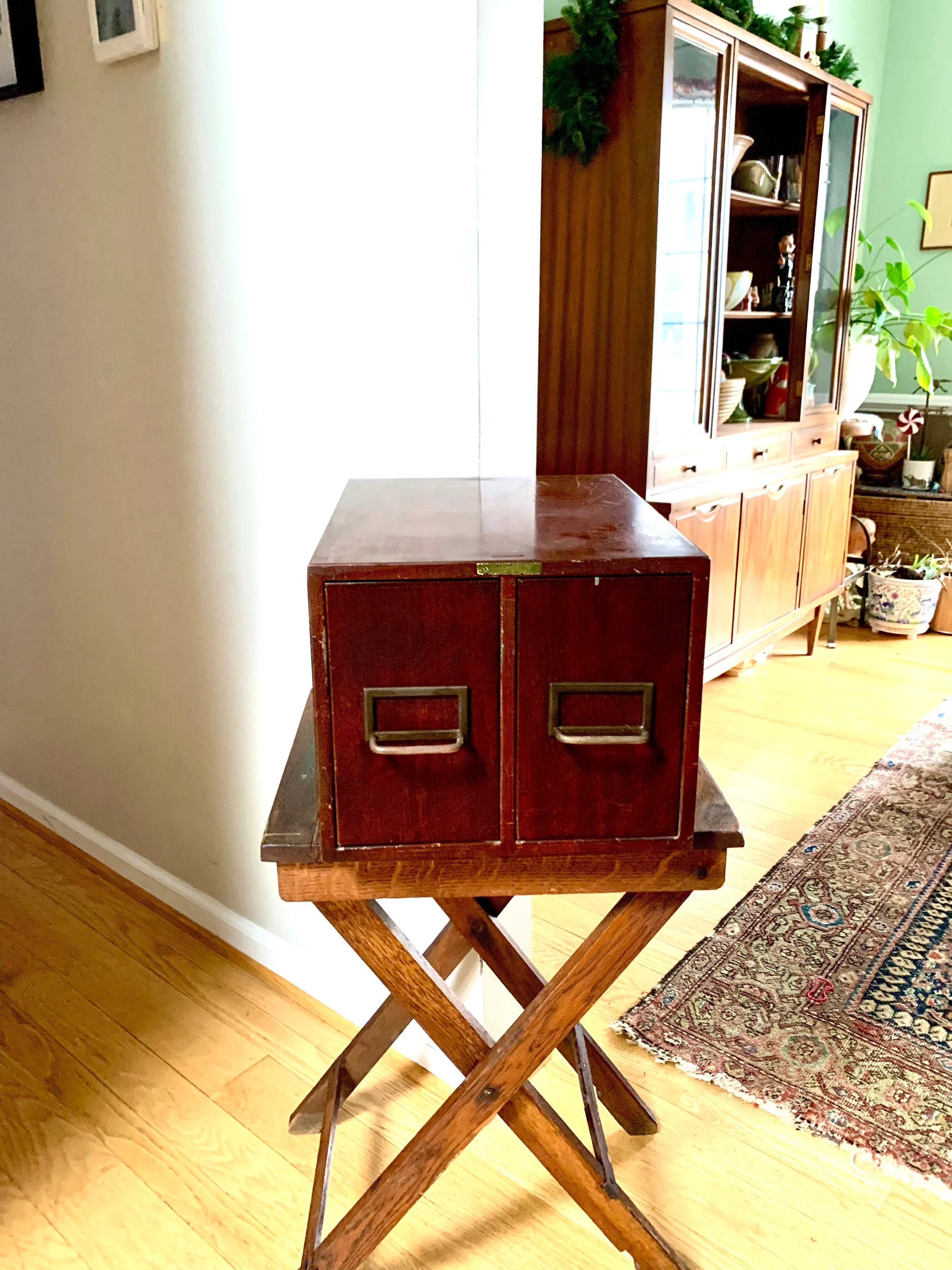 Vintage Rustic Industrial Filing Cabinet | Metal Faux Wood Index Card Cabinet | Two Drawer Storage | Industrial Storage Bin | File Cabinet