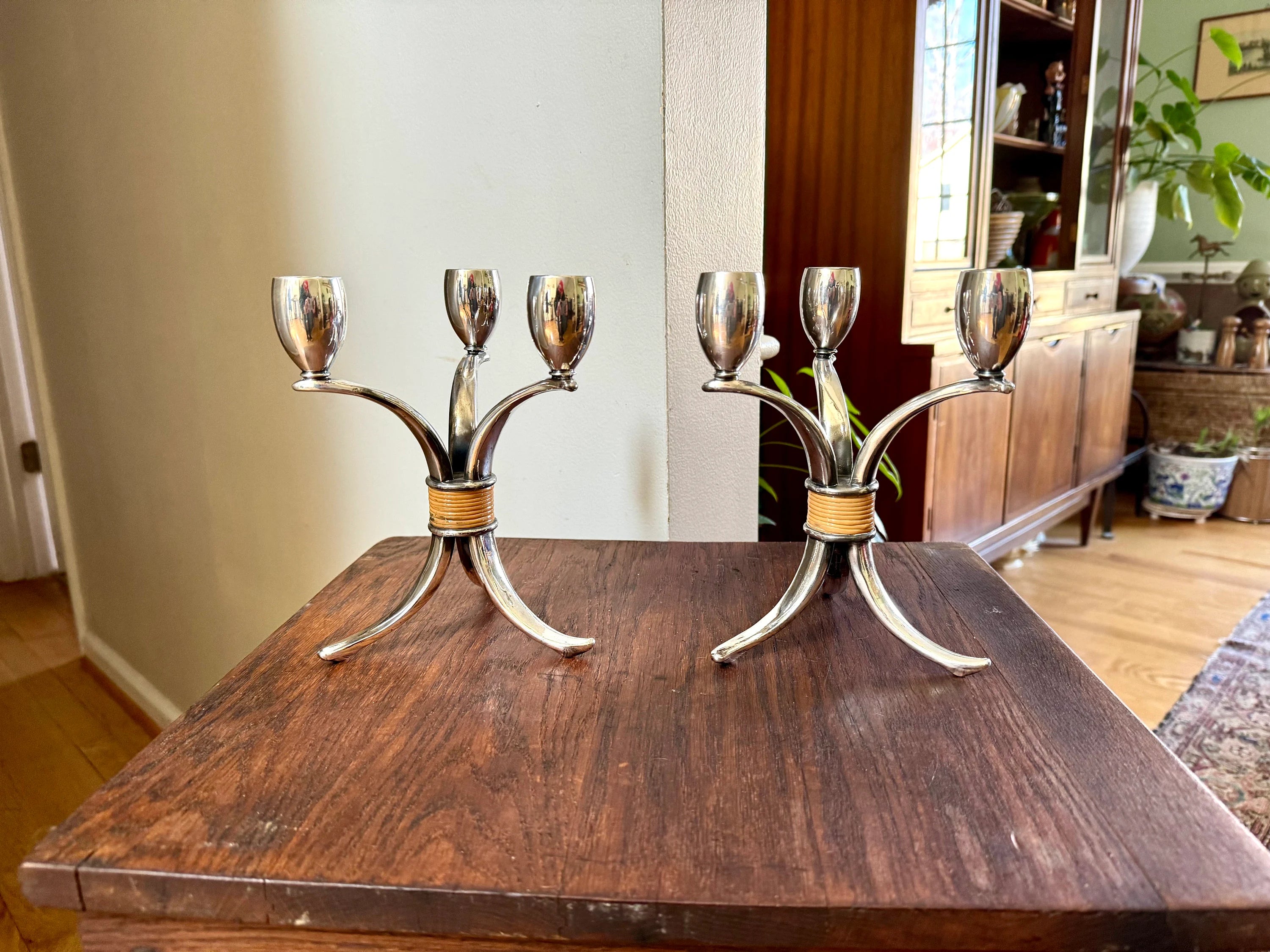 Vintage Pair of Rogers Bros. "Flair" Candlestick Holders | MCM Candle Holders | Tripod Candlestick Holders | 1847 Roger Bros. Candle Holders