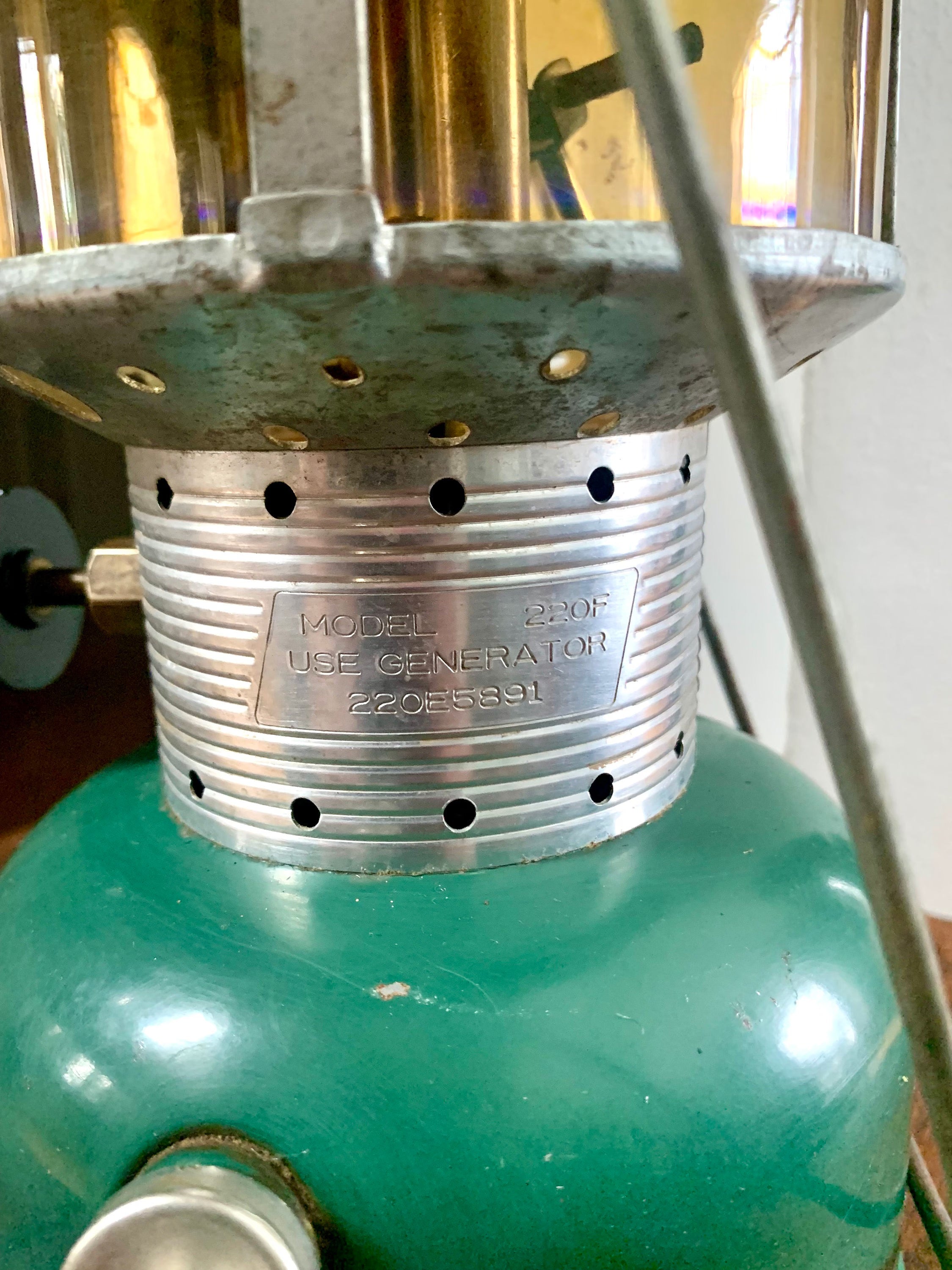 Vintage Coleman Model 220F Lantern | Coleman 1968 Coleman Lantern | Yellow Glass Model 220F Coleman Lantern | Yellow Glass Duel Mantel