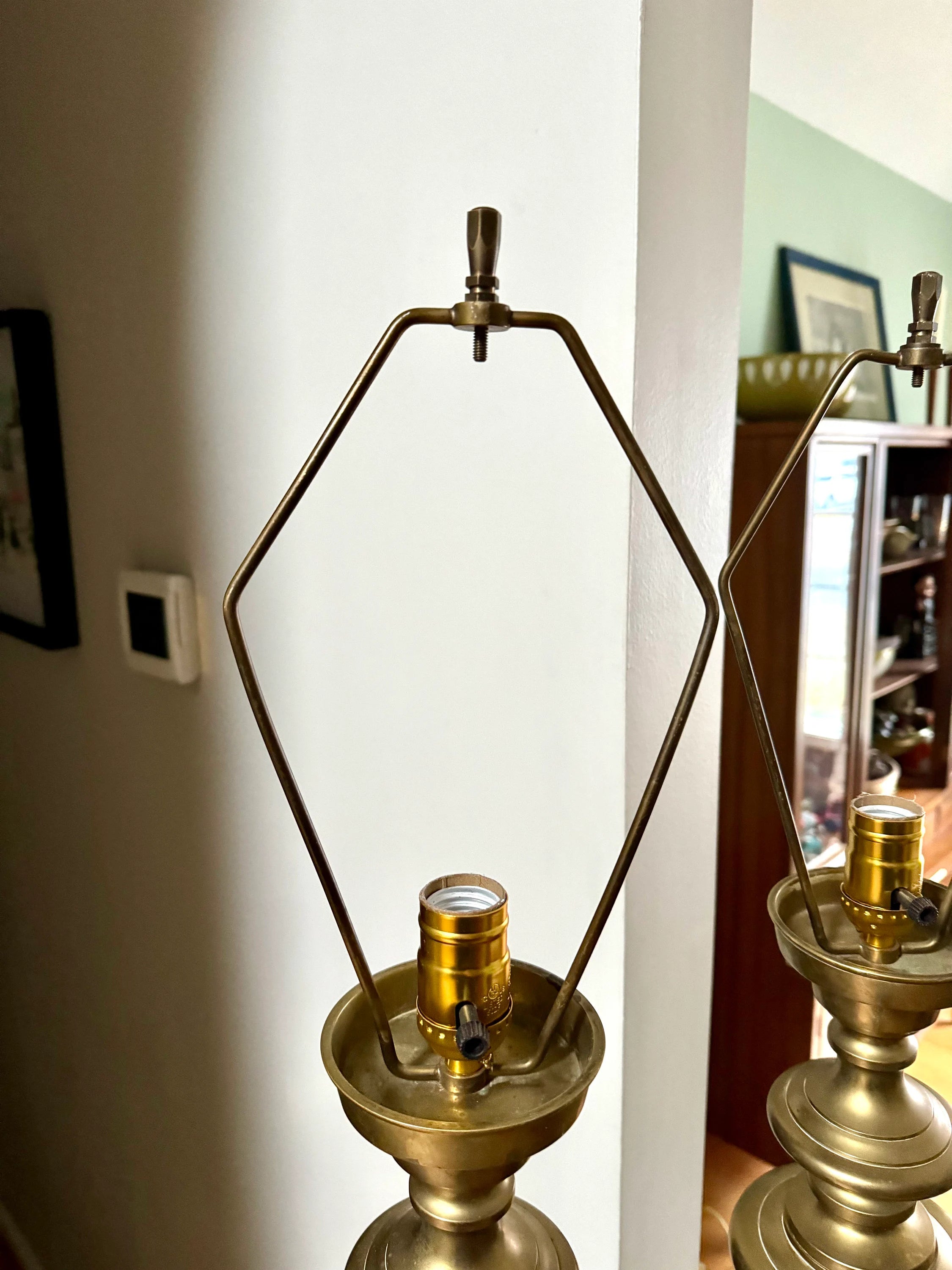 Vintage Pair of James Mont Asian Inspired Brass Lamps | Large Brass 1960's James Mont Style Lamps | Intracent Carved Brass Lamps