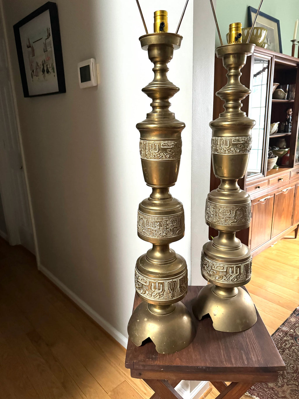 Vintage Pair of James Mont Asian Inspired Brass Lamps | Large Brass 1960's James Mont Style Lamps | Intracent Carved Brass Lamps