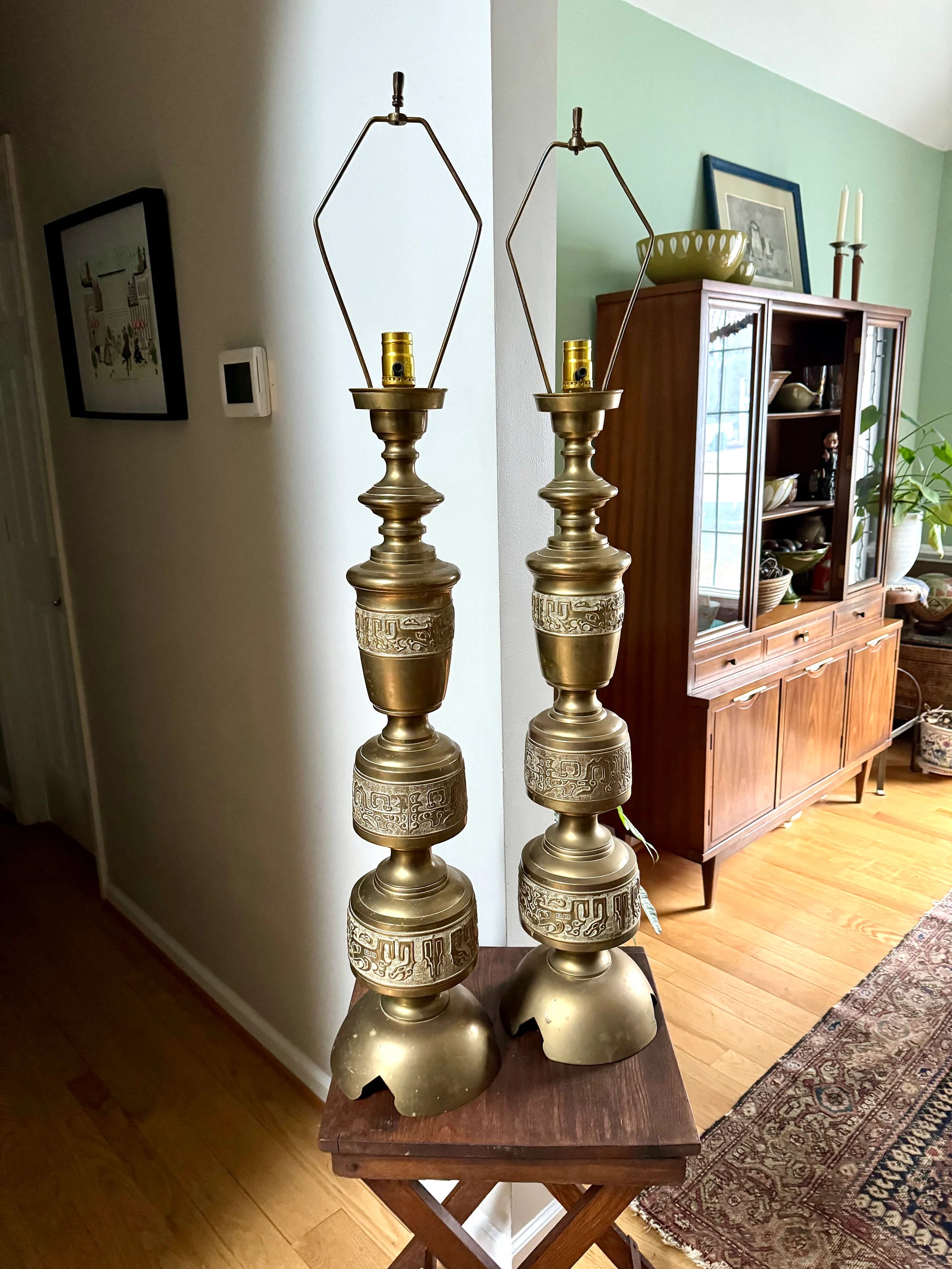 Vintage Pair of James Mont Asian Inspired Brass Lamps | Large Brass 1960's James Mont Style Lamps | Intracent Carved Brass Lamps