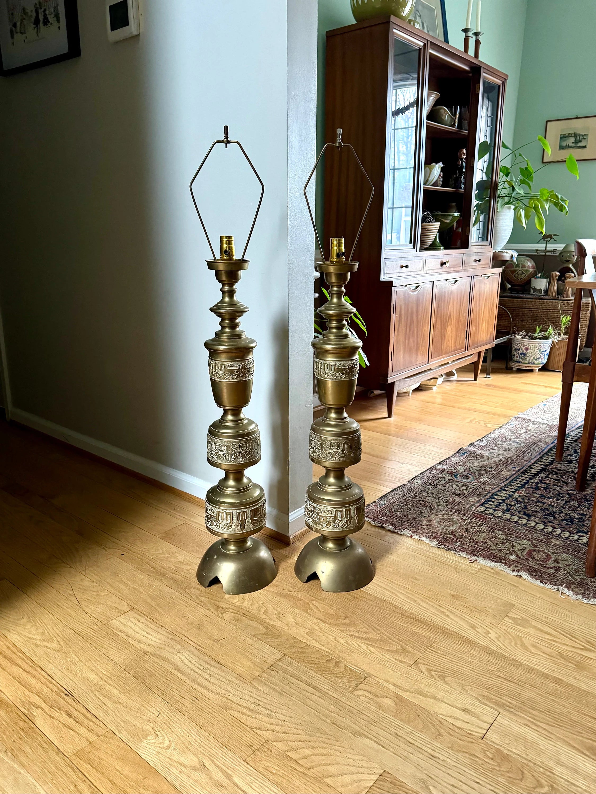 Vintage Pair of James Mont Asian Inspired Brass Lamps | Large Brass 1960's James Mont Style Lamps | Intracent Carved Brass Lamps