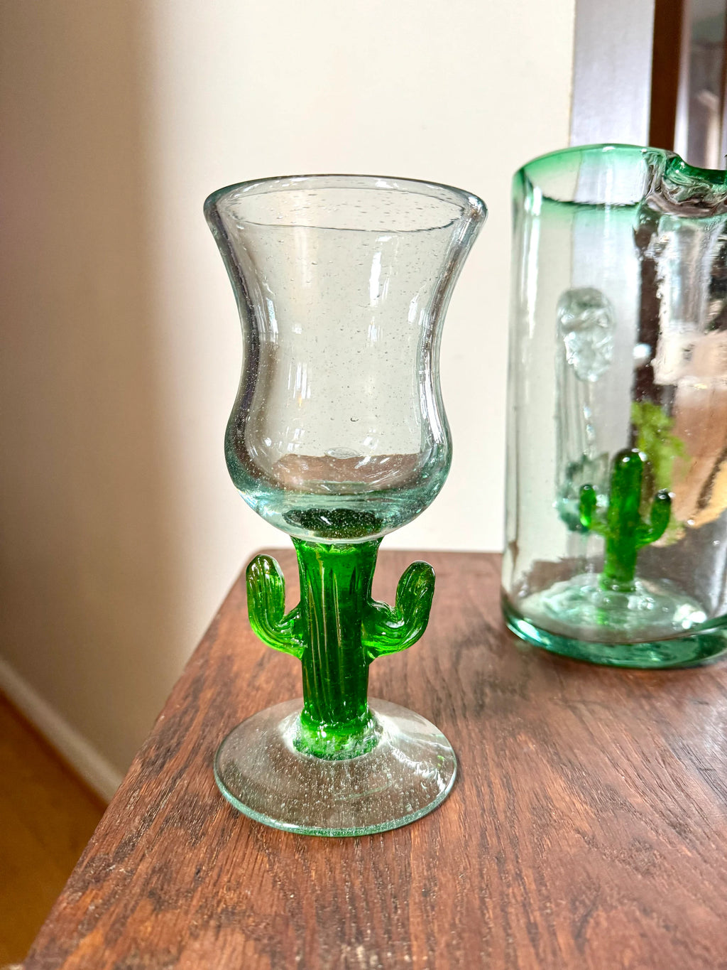 Mexican Glass Margarita Pitcher and Glasses | Hand Blown Saguaro Cactus Cocktail Set | 2 Hand Blown Southwest Glasses and Pitcher