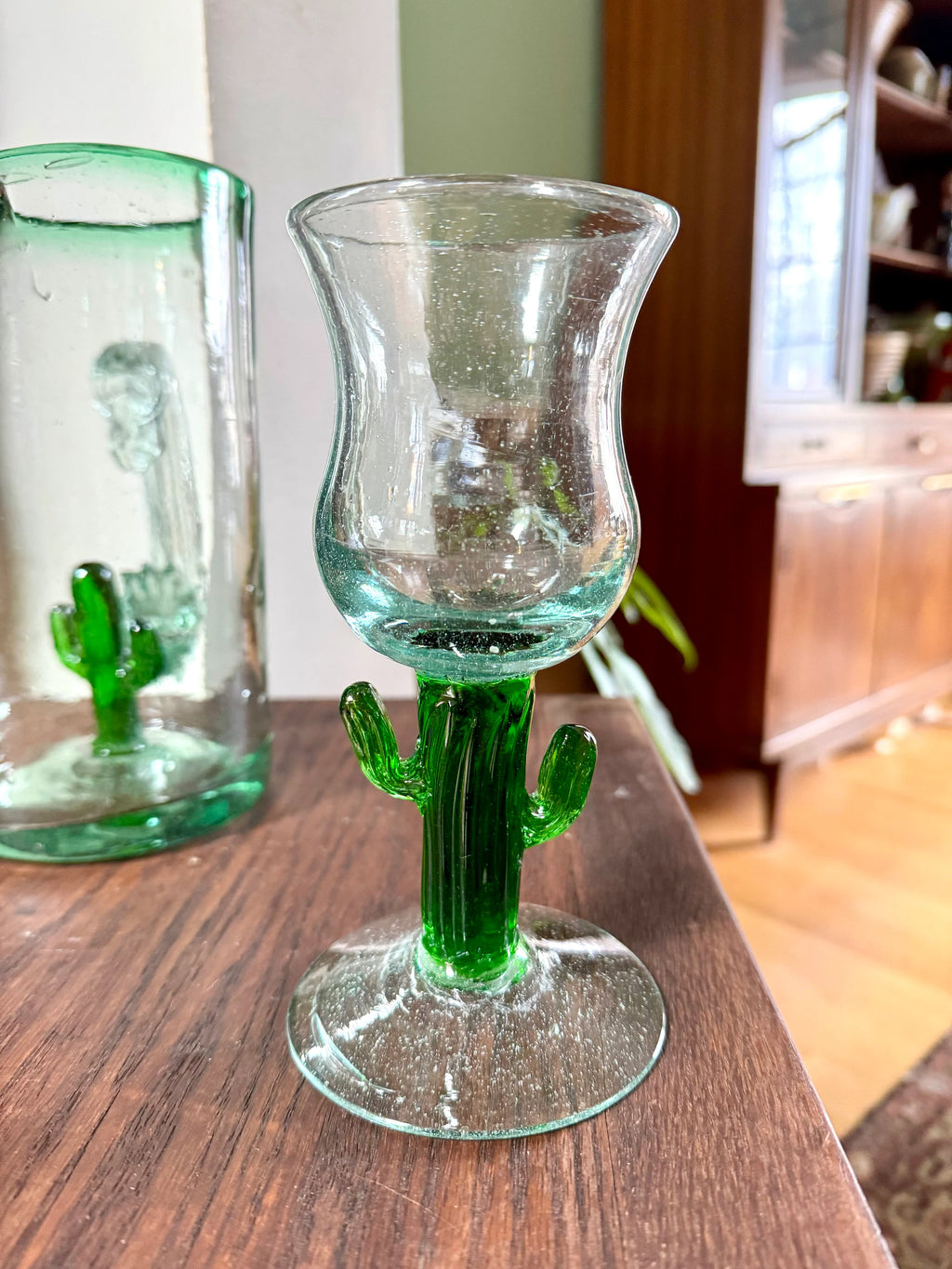 Mexican Glass Margarita Pitcher and Glasses | Hand Blown Saguaro Cactus Cocktail Set | 2 Hand Blown Southwest Glasses and Pitcher