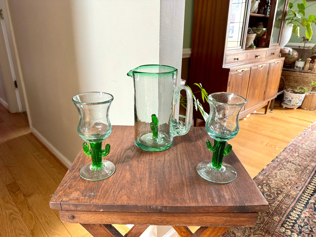 Mexican Glass Margarita Pitcher and Glasses | Hand Blown Saguaro Cactus Cocktail Set | 2 Hand Blown Southwest Glasses and Pitcher
