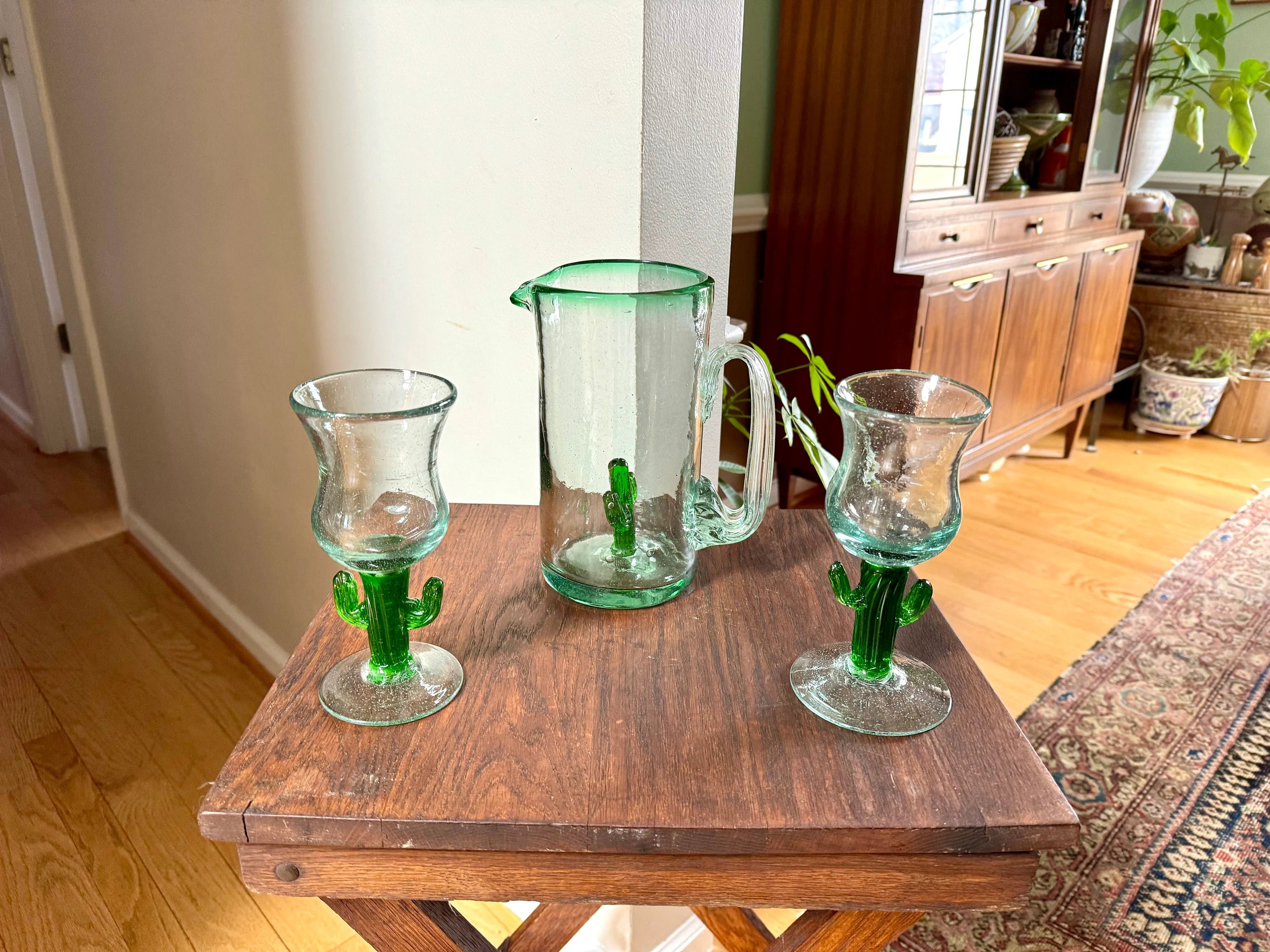 Mexican Glass Margarita Pitcher and Glasses | Hand Blown Saguaro Cactus Cocktail Set | 2 Hand Blown Southwest Glasses and Pitcher