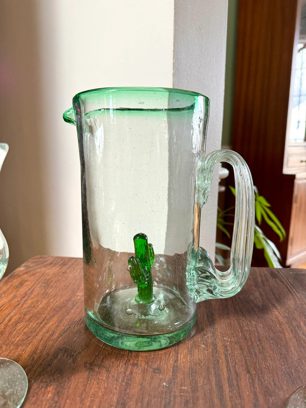 Mexican Glass Margarita Pitcher and Glasses | Hand Blown Saguaro Cactus Cocktail Set | 2 Hand Blown Southwest Glasses and Pitcher