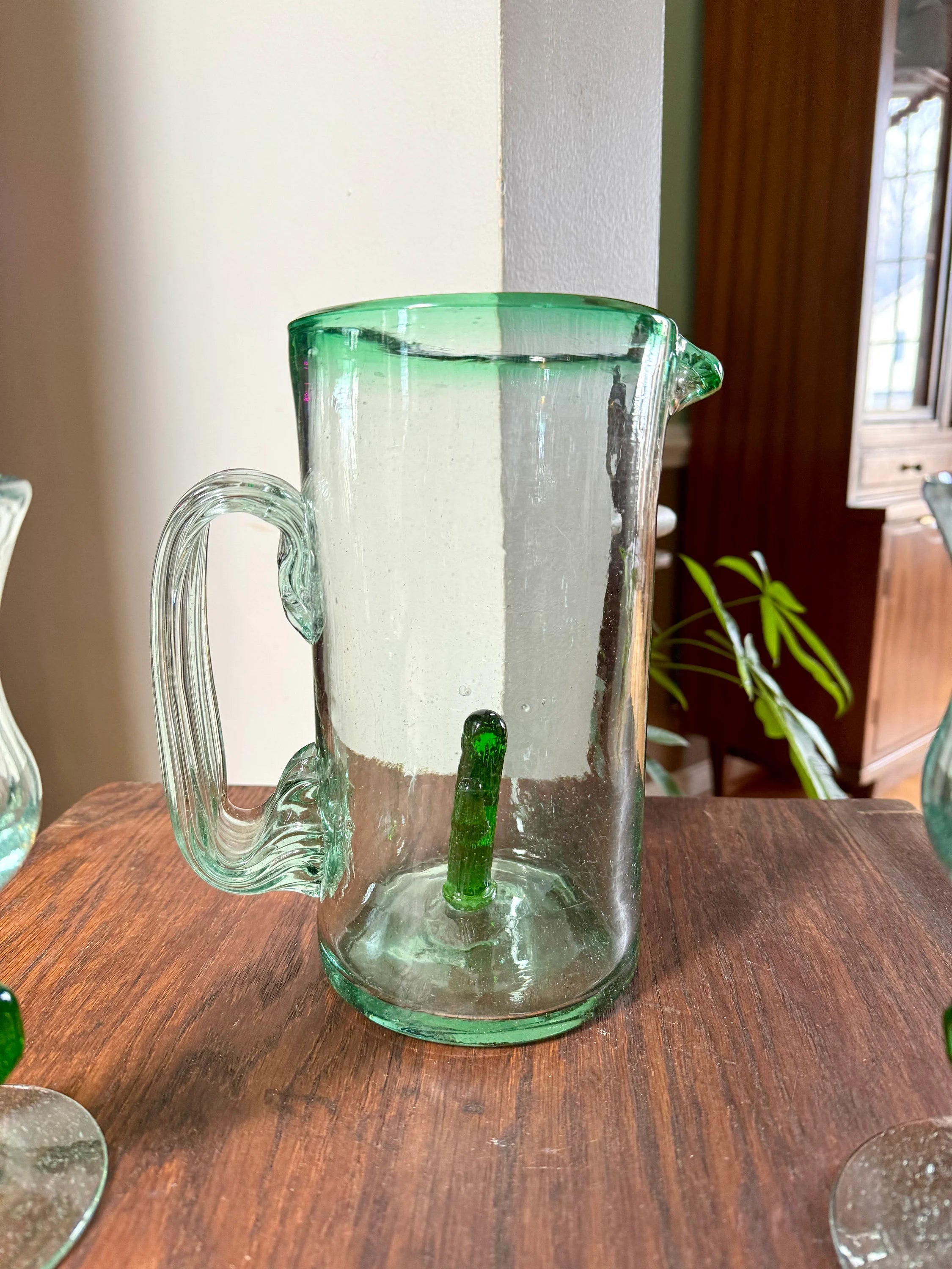 Mexican Glass Margarita Pitcher and Glasses | Hand Blown Saguaro Cactus Cocktail Set | 2 Hand Blown Southwest Glasses and Pitcher