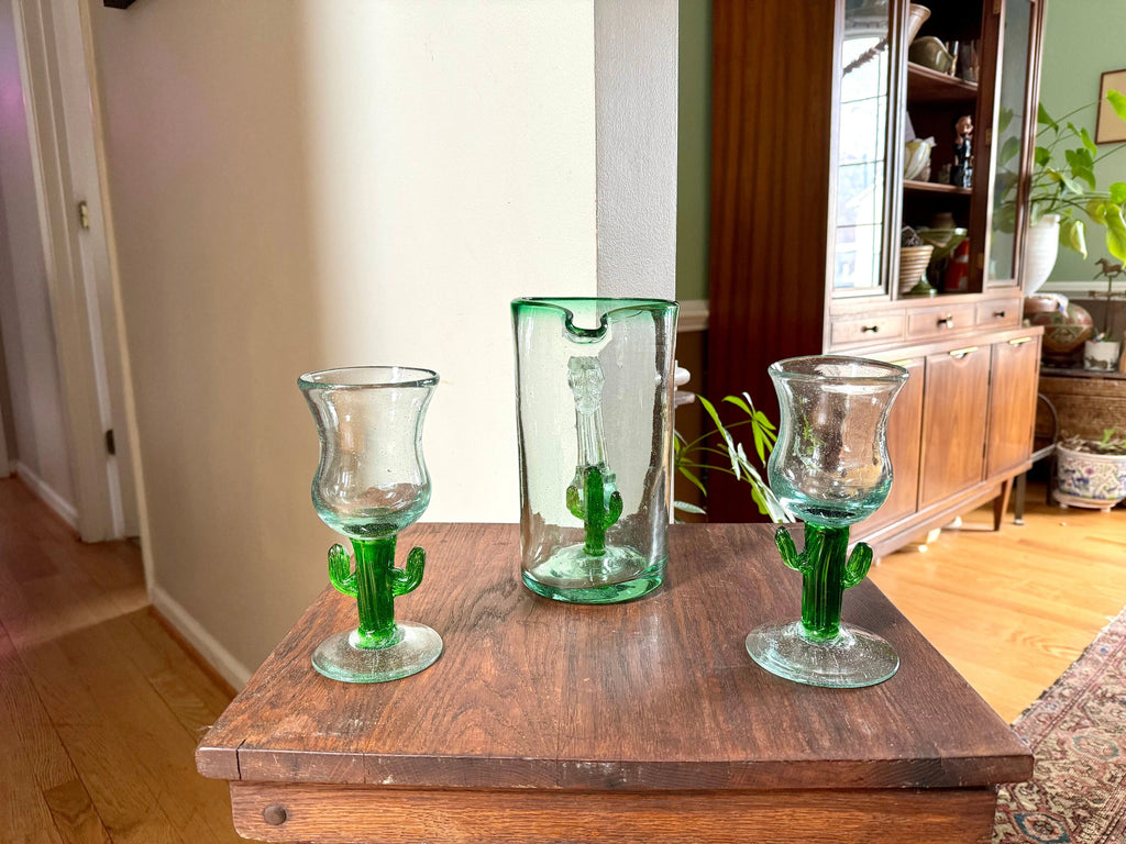 Mexican Glass Margarita Pitcher and Glasses | Hand Blown Saguaro Cactus Cocktail Set | 2 Hand Blown Southwest Glasses and Pitcher