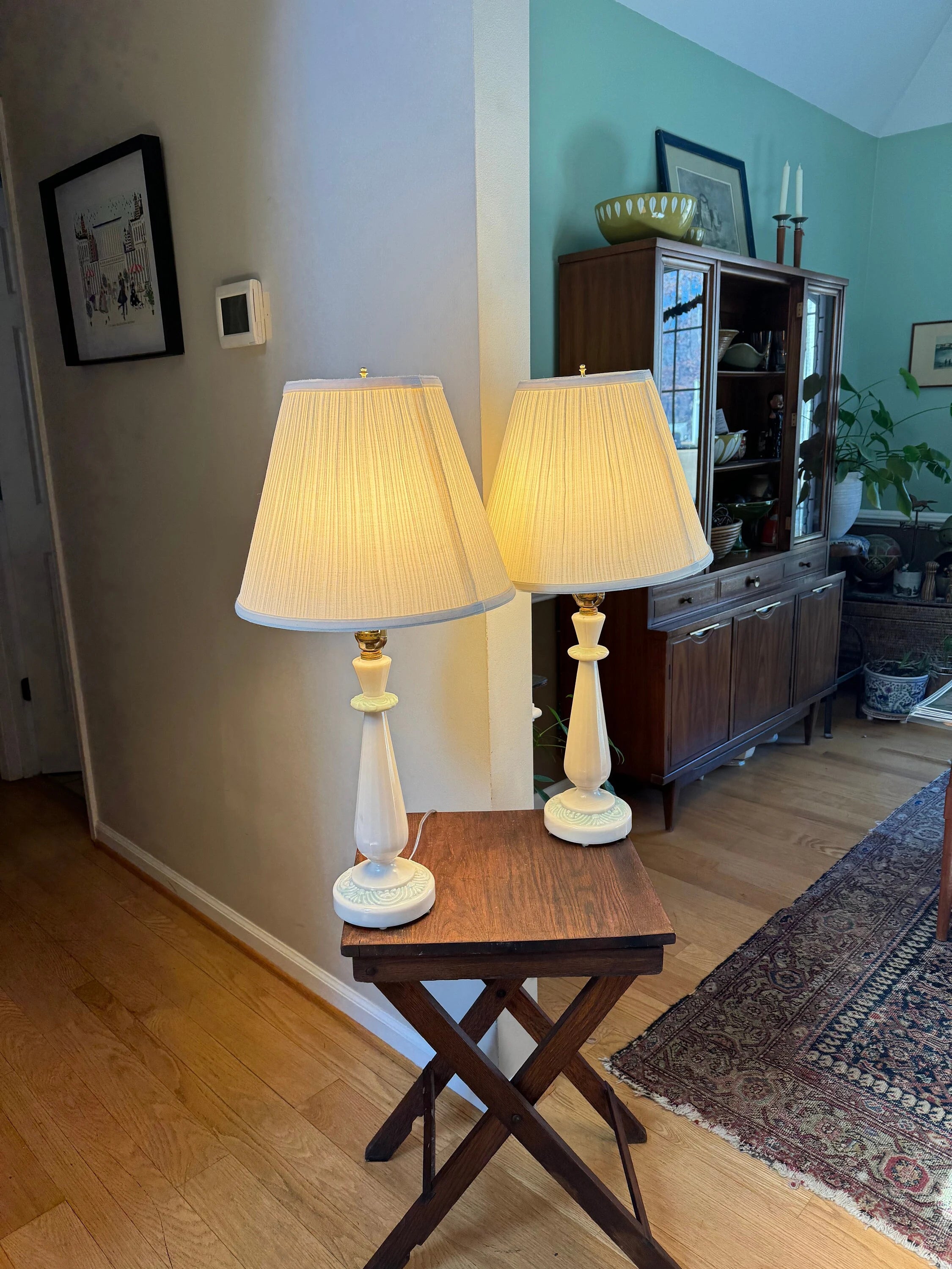 Vintage Pair of Aladdin Alacite Lamps | Ivory Alacite Matching Lamps | Art Deco Alacite Lamps | Ivory and Green Table Lamps | Shades Not Inc