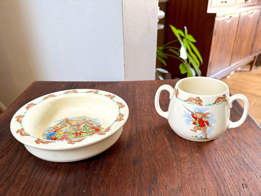 Vintage Royal Doulton Bunnykins Children's Bowl and Drinking Cup | Toddler's Bunny Themed Bowl and Cup | English Fine Bone China | Bunnykins