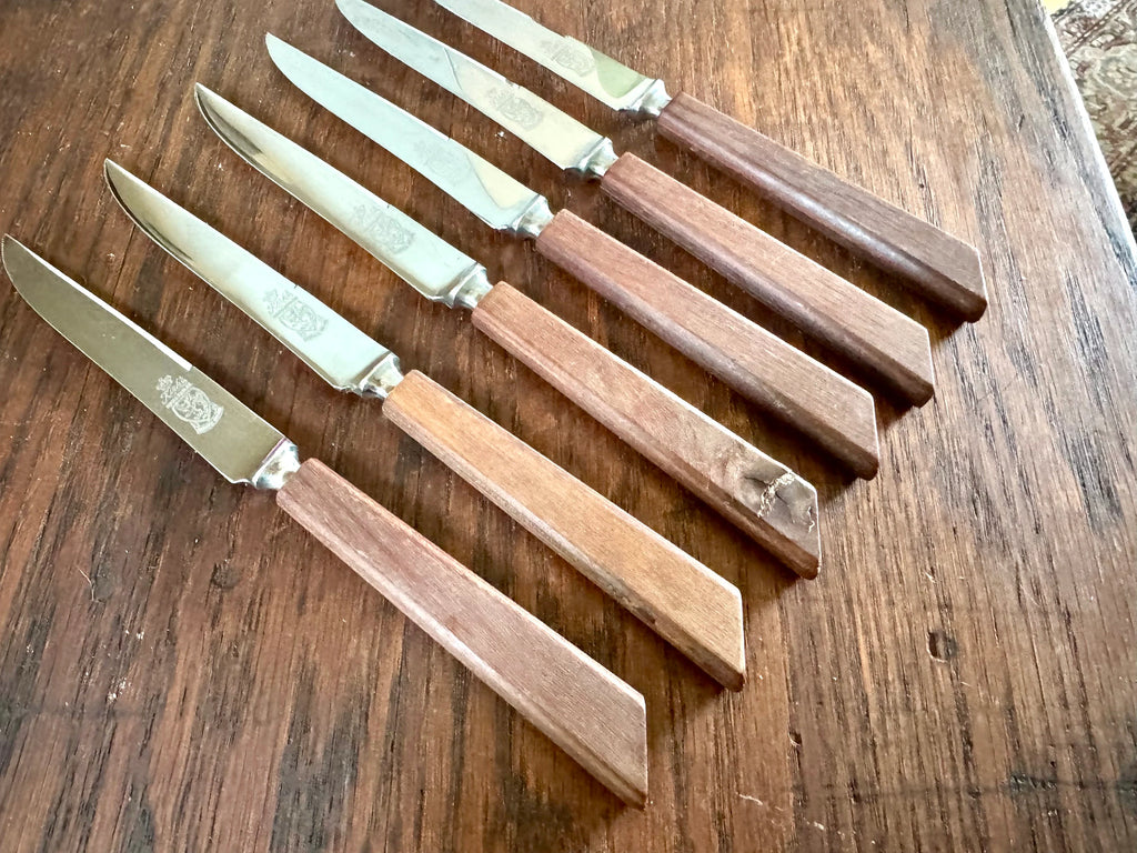 Set of 6 Kirk's Forged Stainless Steel Steak Knifes| Vintage F A Kirk Steak Knives| Made in England Steak Knife Set | Wood Handle Sheffield