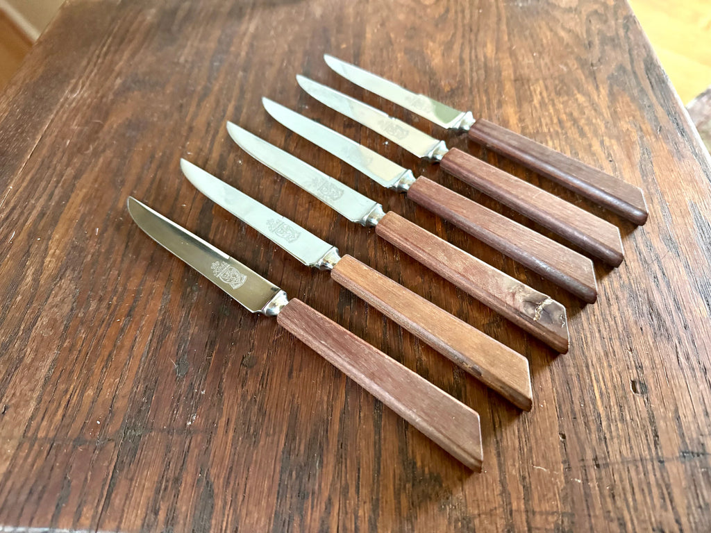 Set of 6 Kirk's Forged Stainless Steel Steak Knifes| Vintage F A Kirk Steak Knives| Made in England Steak Knife Set | Wood Handle Sheffield