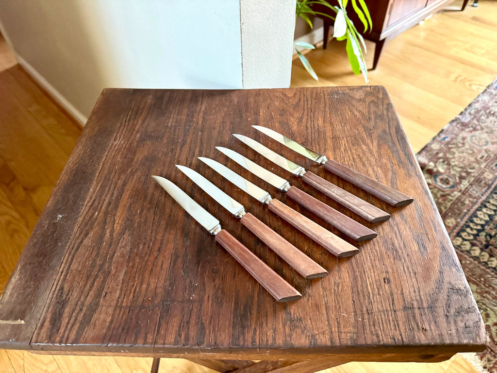 Set of 6 Kirk's Forged Stainless Steel Steak Knifes| Vintage F A Kirk Steak Knives| Made in England Steak Knife Set | Wood Handle Sheffield