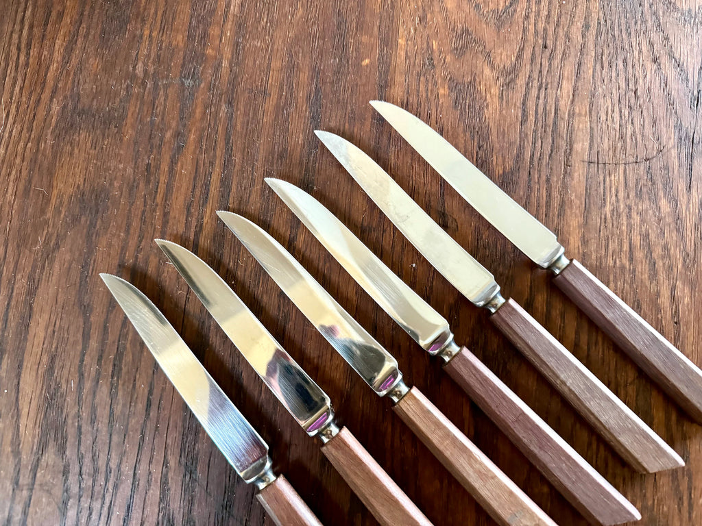 Set of 6 Kirk's Forged Stainless Steel Steak Knifes| Vintage F A Kirk Steak Knives| Made in England Steak Knife Set | Wood Handle Sheffield