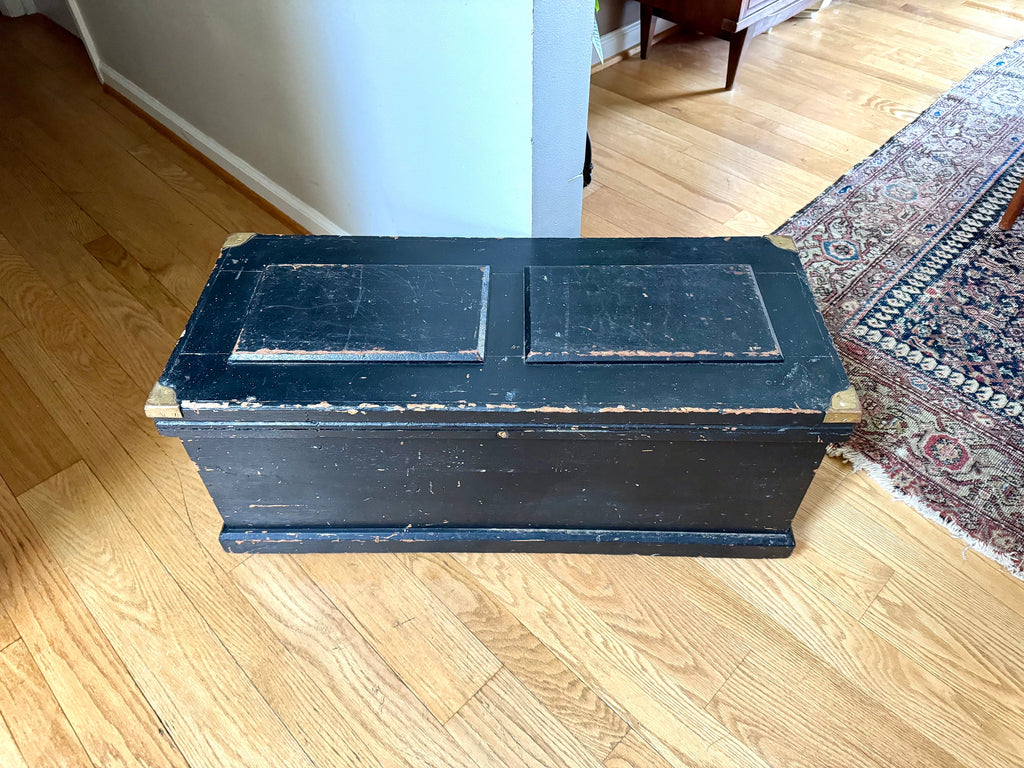 Early Wood Carpenter's Tool Chest | Distressed Rolling Wood Tool Trunk | Vintage Rustic Black Wood Box | Rustic Coffee Table | Rustic Storage