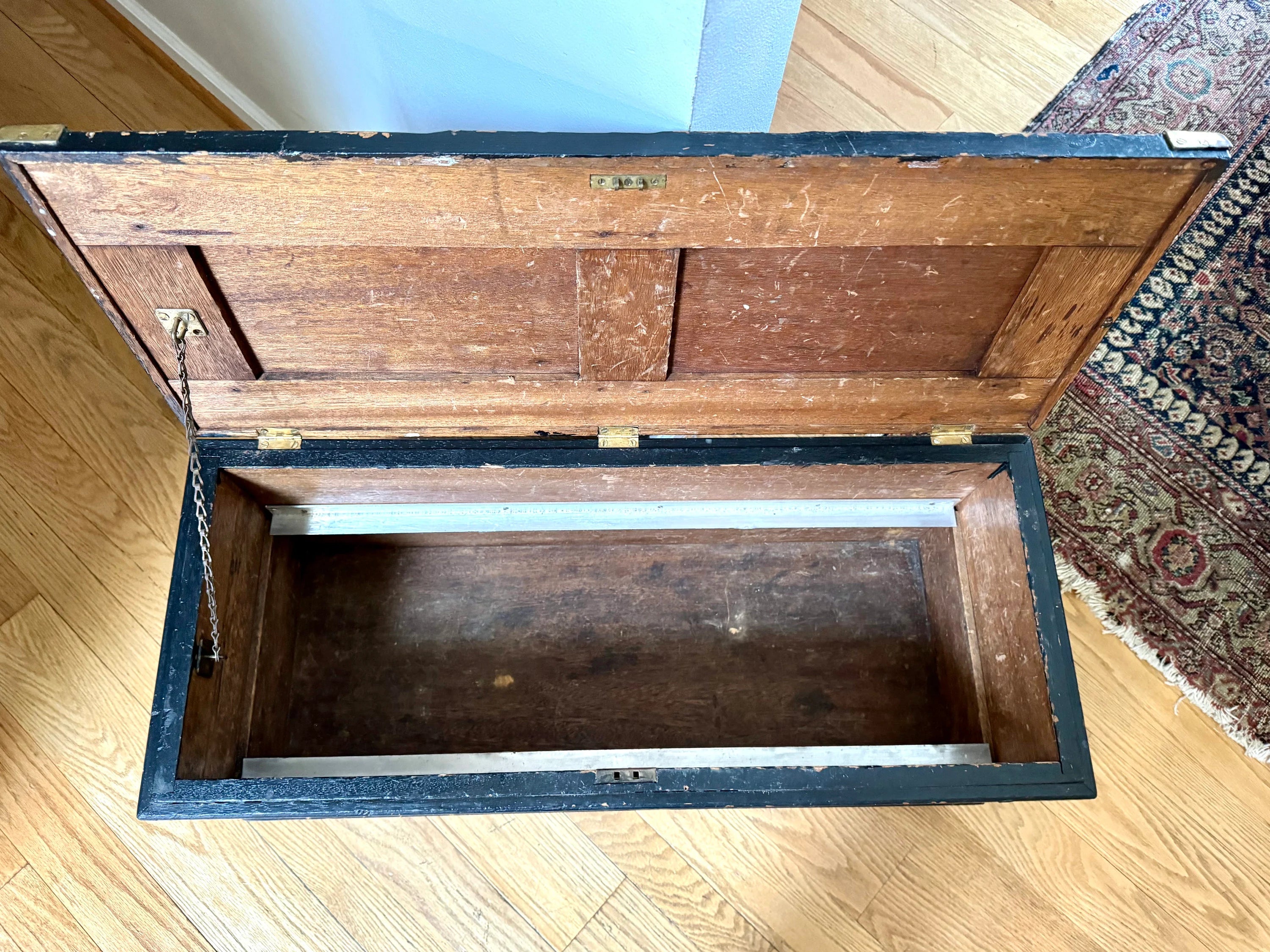 Early Wood Carpenter's Tool Chest | Distressed Rolling Wood Tool Trunk | Vintage Rustic Black Wood Box | Rustic Coffee Table | Rustic Storage