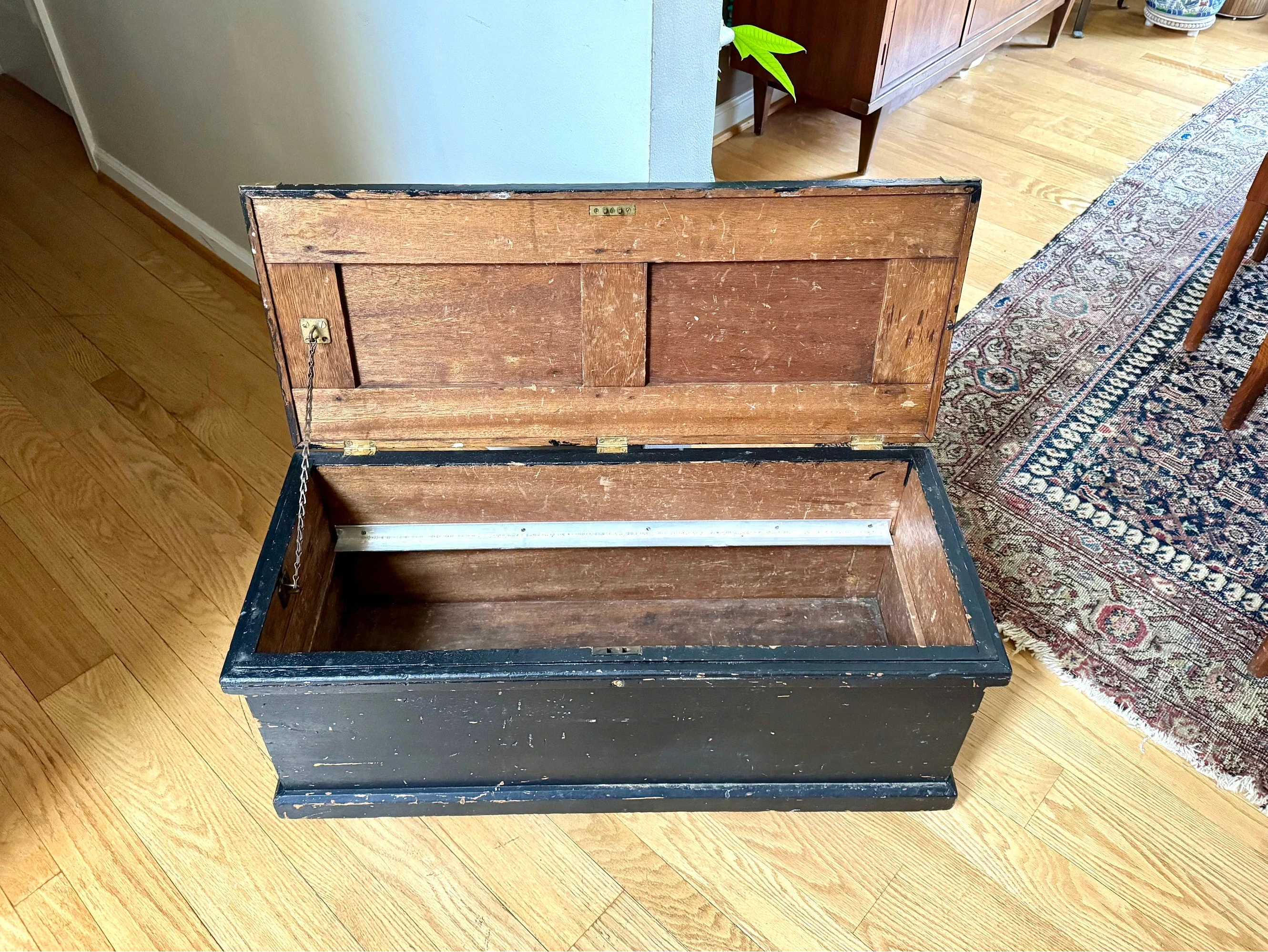 Early Wood Carpenter's Tool Chest | Distressed Rolling Wood Tool Trunk | Vintage Rustic Black Wood Box | Rustic Coffee Table | Rustic Storage