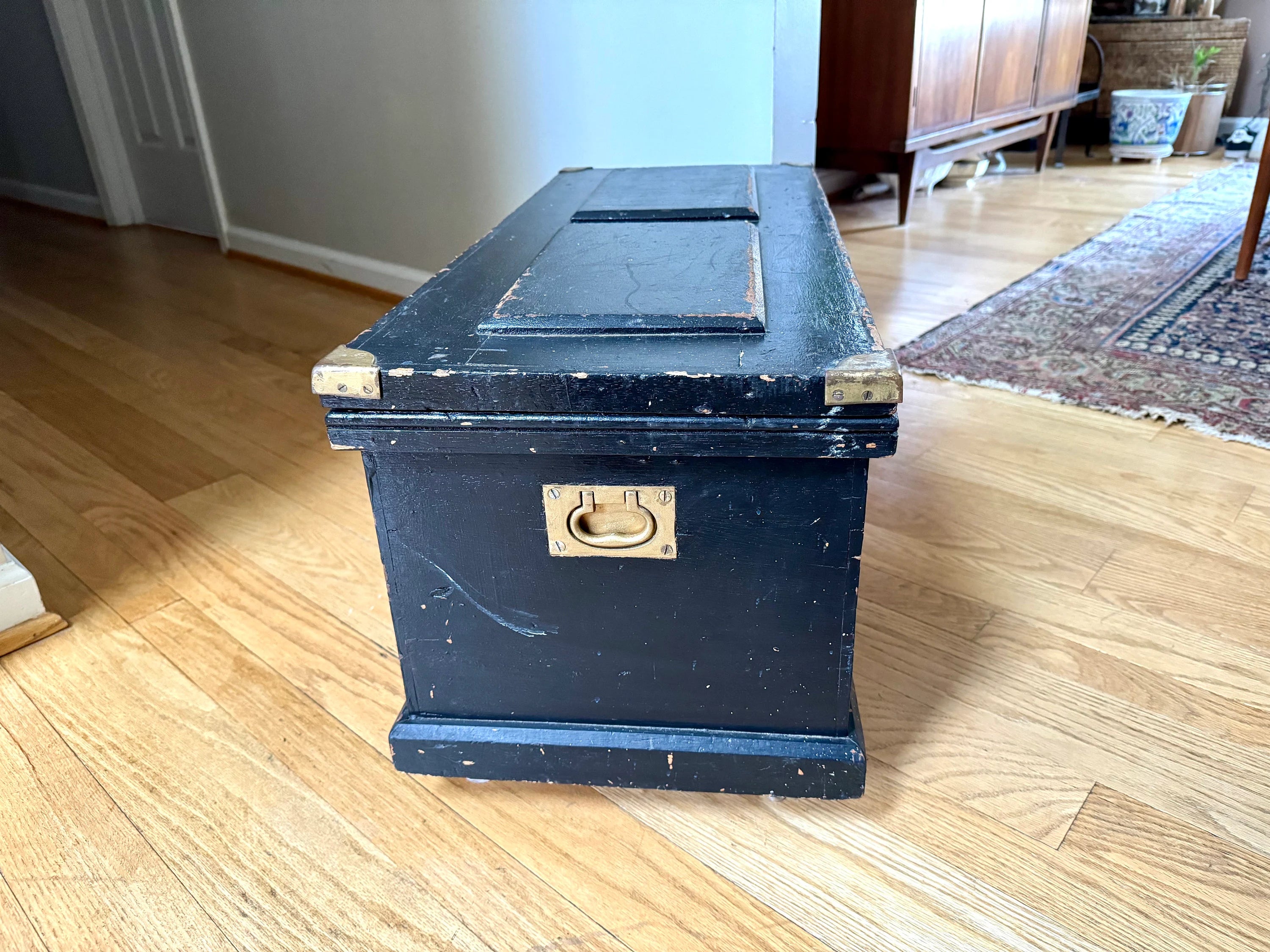 Early Wood Carpenter's Tool Chest | Distressed Rolling Wood Tool Trunk | Vintage Rustic Black Wood Box | Rustic Coffee Table | Rustic Storage