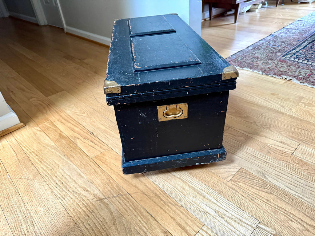 Early Wood Carpenter's Tool Chest | Distressed Rolling Wood Tool Trunk | Vintage Rustic Black Wood Box | Rustic Coffee Table | Rustic Storage