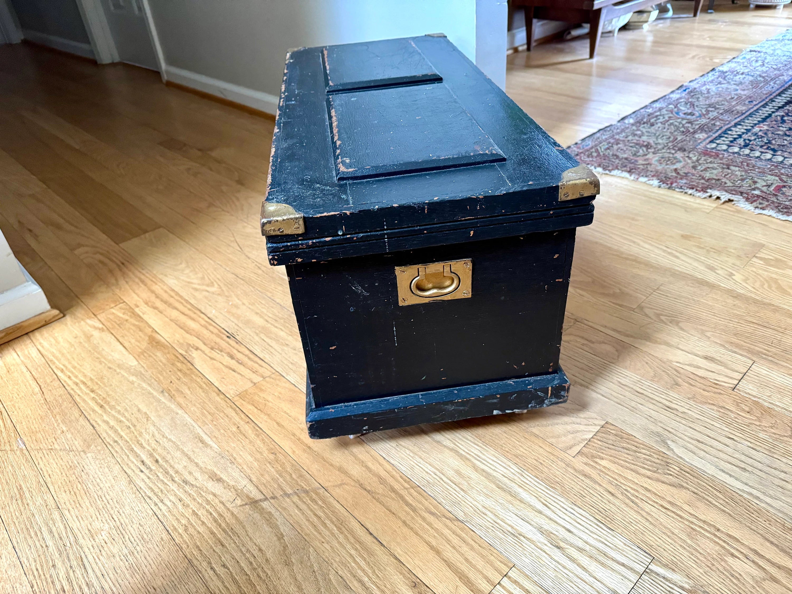 Early Wood Carpenter's Tool Chest | Distressed Rolling Wood Tool Trunk | Vintage Rustic Black Wood Box | Rustic Coffee Table | Rustic Storage