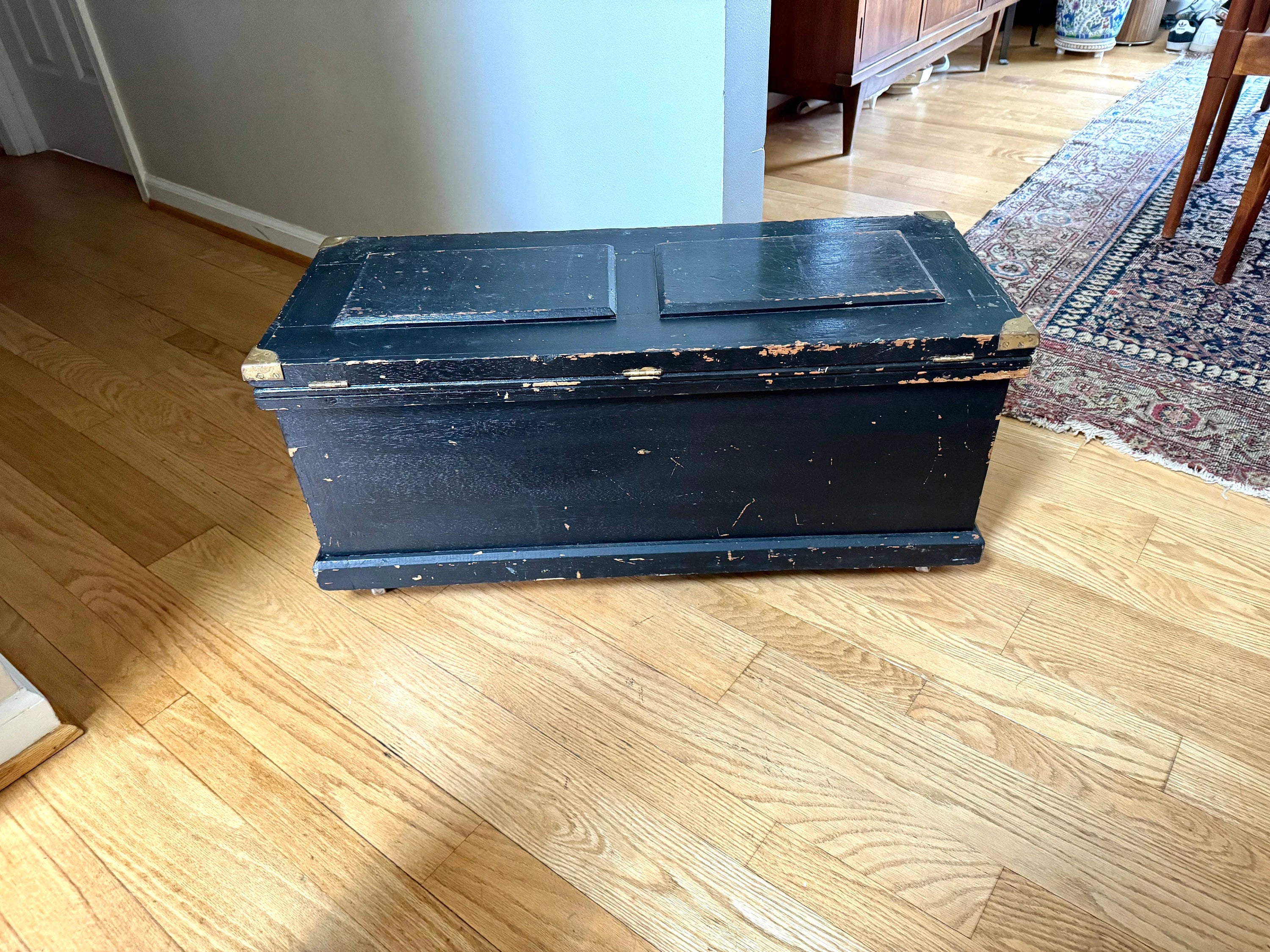 Early Wood Carpenter's Tool Chest | Distressed Rolling Wood Tool Trunk | Vintage Rustic Black Wood Box | Rustic Coffee Table | Rustic Storage