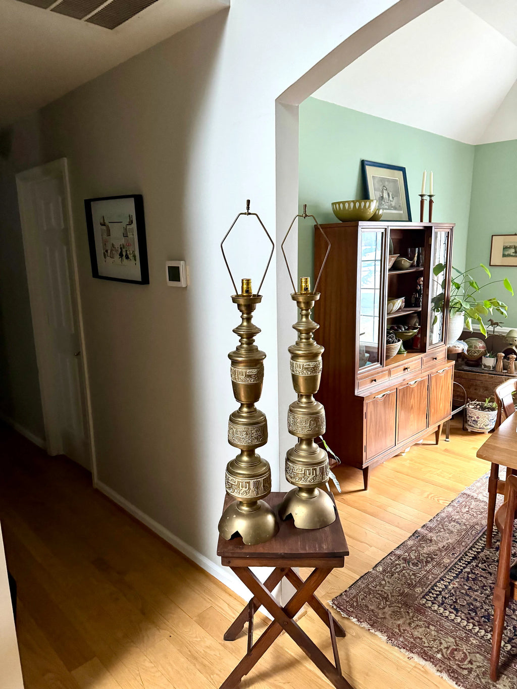 Vintage Pair of James Mont Asian Inspired Brass Lamps | Large Brass 1960's James Mont Style Lamps | Intracent Carved Brass Lamps