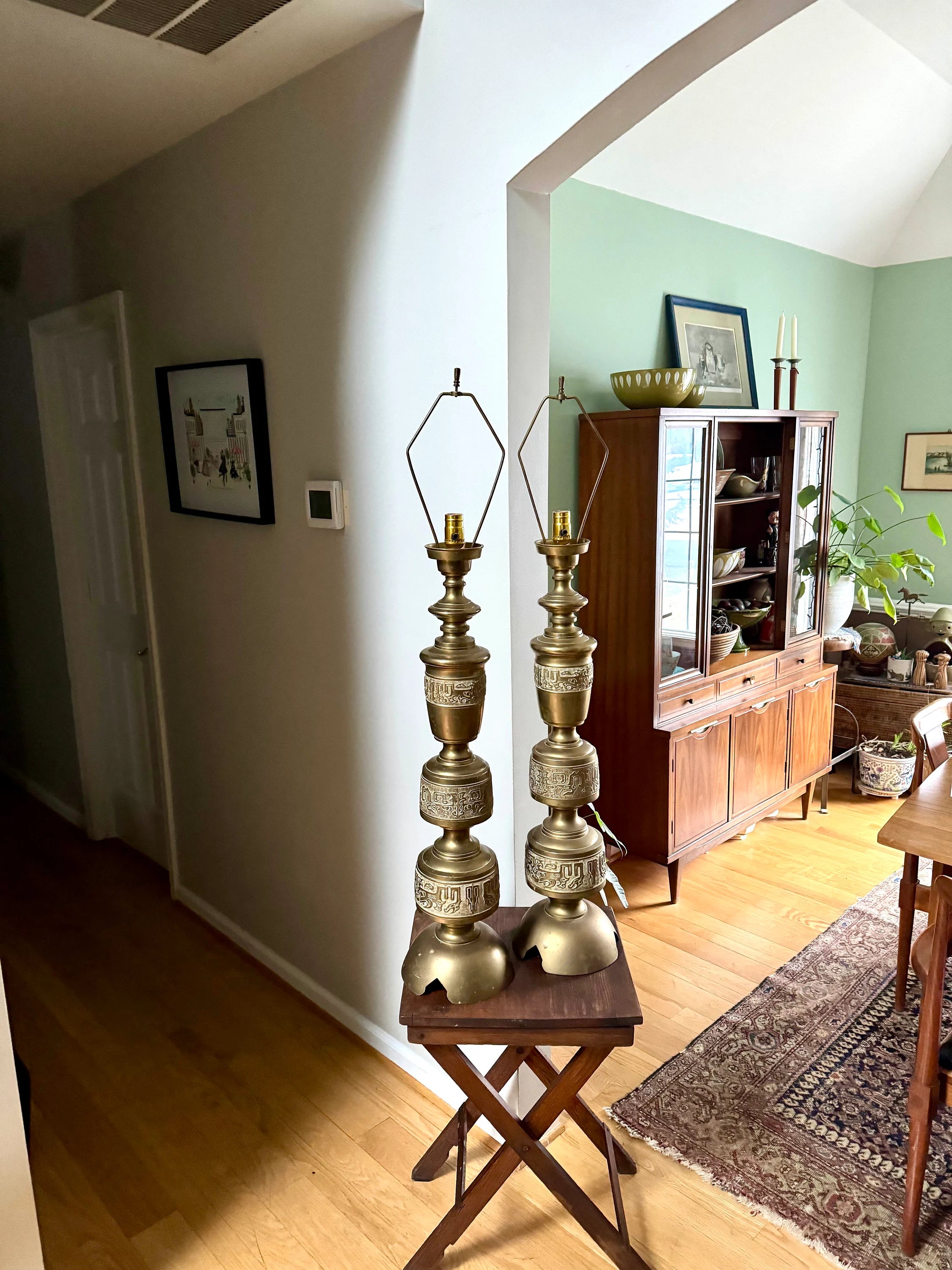 Vintage Pair of James Mont Asian Inspired Brass Lamps | Large Brass 1960's James Mont Style Lamps | Intracent Carved Brass Lamps