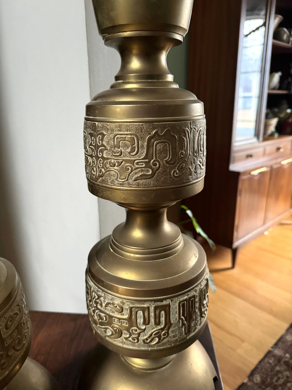 Vintage Pair of James Mont Asian Inspired Brass Lamps | Large Brass 1960's James Mont Style Lamps | Intracent Carved Brass Lamps