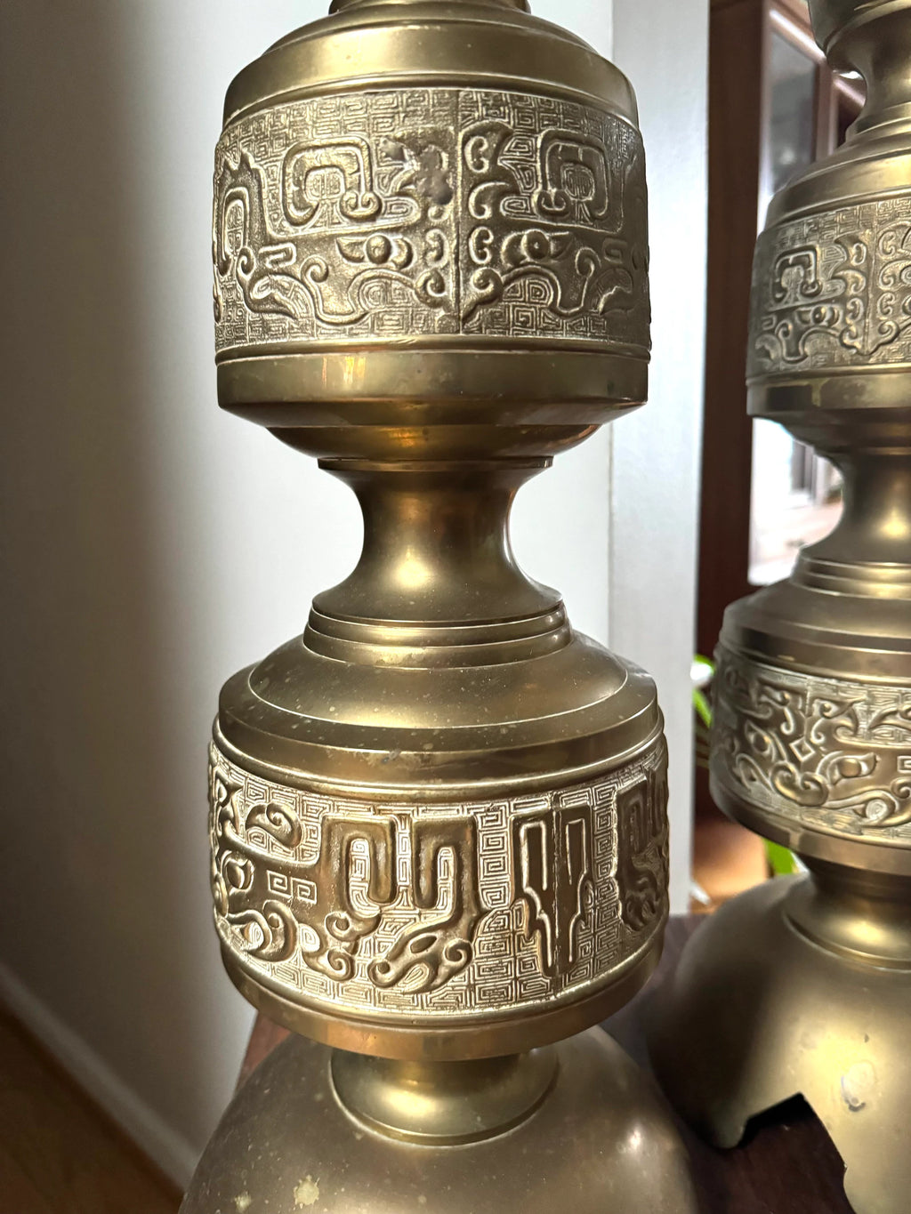Vintage Pair of James Mont Asian Inspired Brass Lamps | Large Brass 1960's James Mont Style Lamps | Intracent Carved Brass Lamps