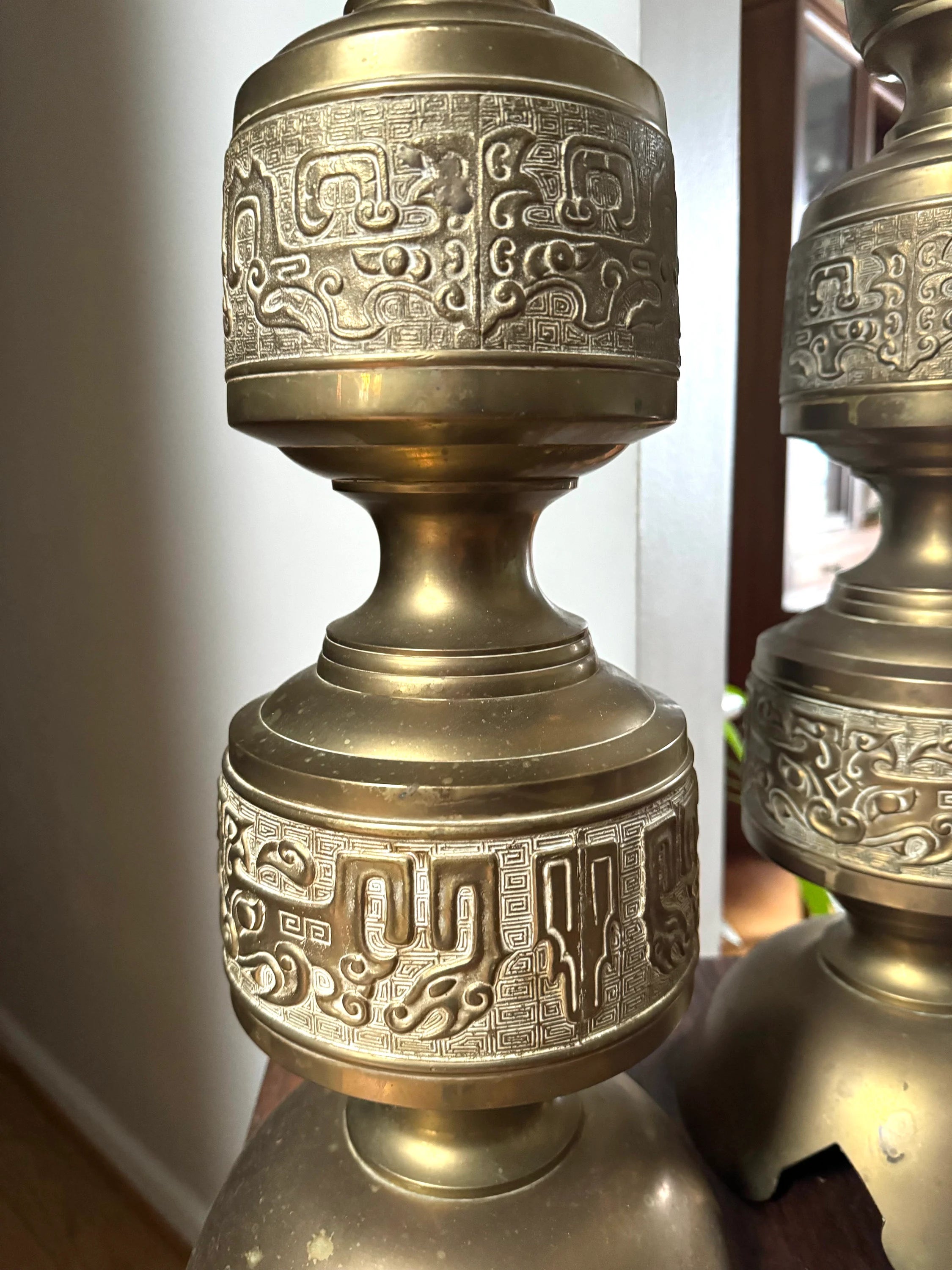 Vintage Pair of James Mont Asian Inspired Brass Lamps | Large Brass 1960's James Mont Style Lamps | Intracent Carved Brass Lamps
