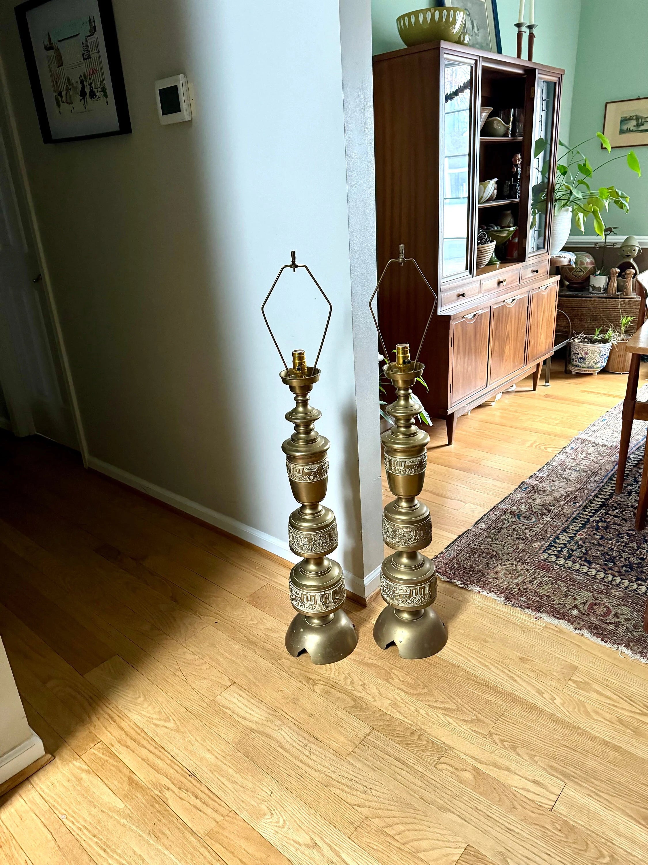 Vintage Pair of James Mont Asian Inspired Brass Lamps | Large Brass 1960's James Mont Style Lamps | Intracent Carved Brass Lamps